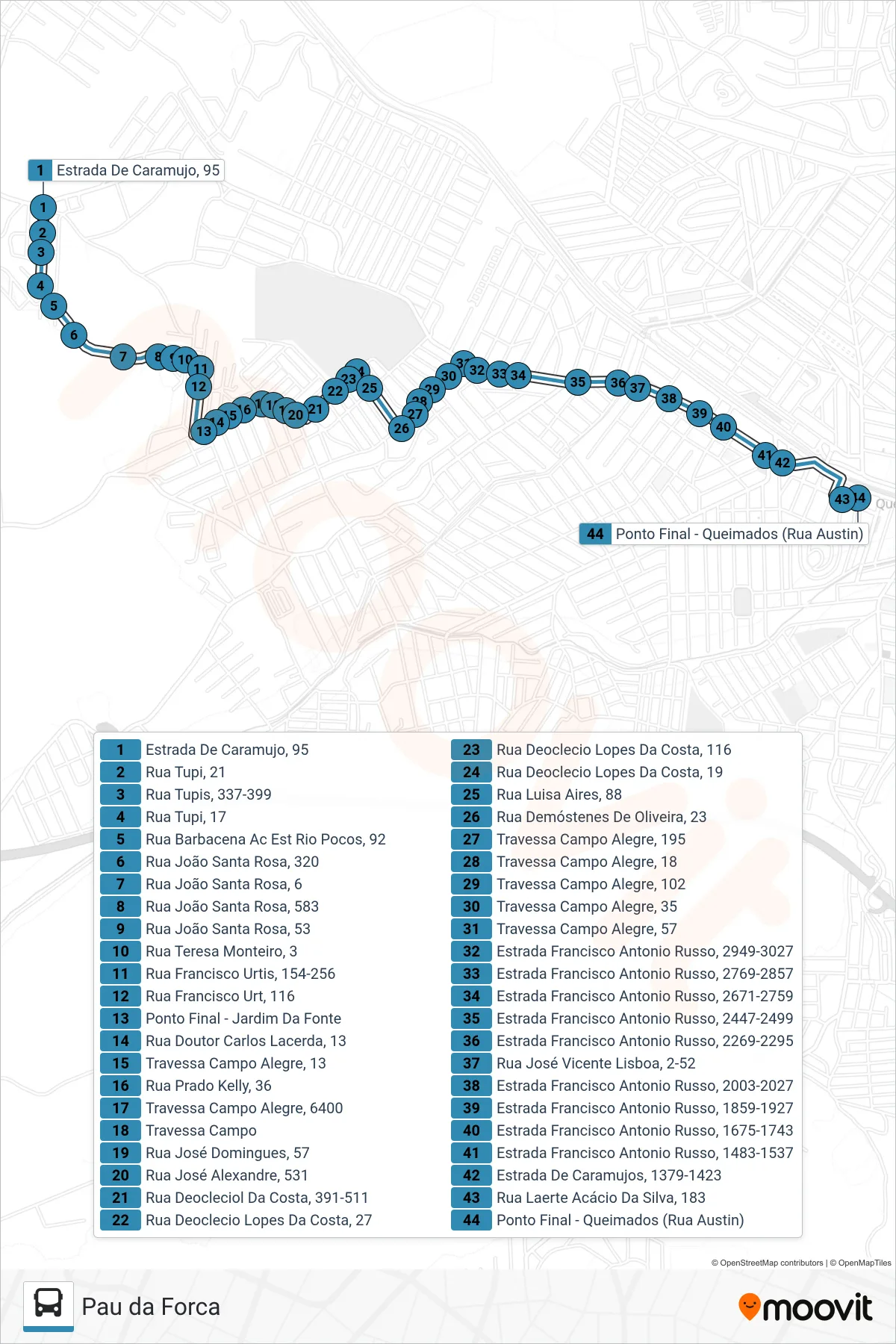 Rota e paradas da linha de ônibus 12 (Queimados) no mapa