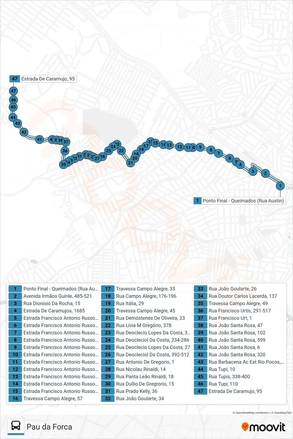 12 bus Line (Pau da Forca) route and stops on a map