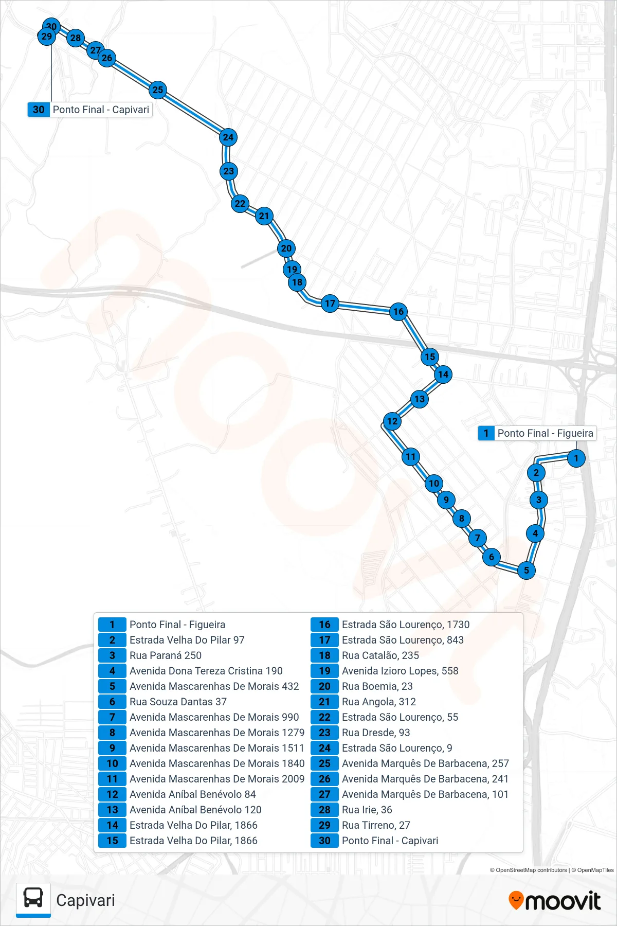 Rota e paradas da linha de ônibus TZ01 (Capivari) no mapa
