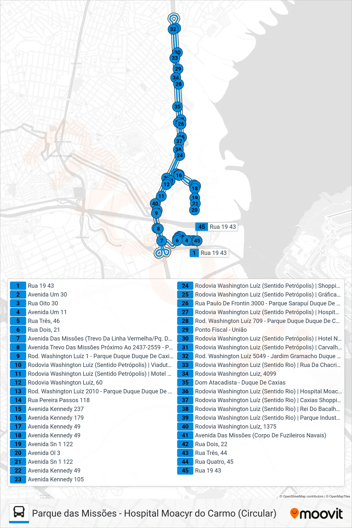 Rota e paradas da linha de ônibus TZ16 (Parque das Missões (Circular)) no mapa