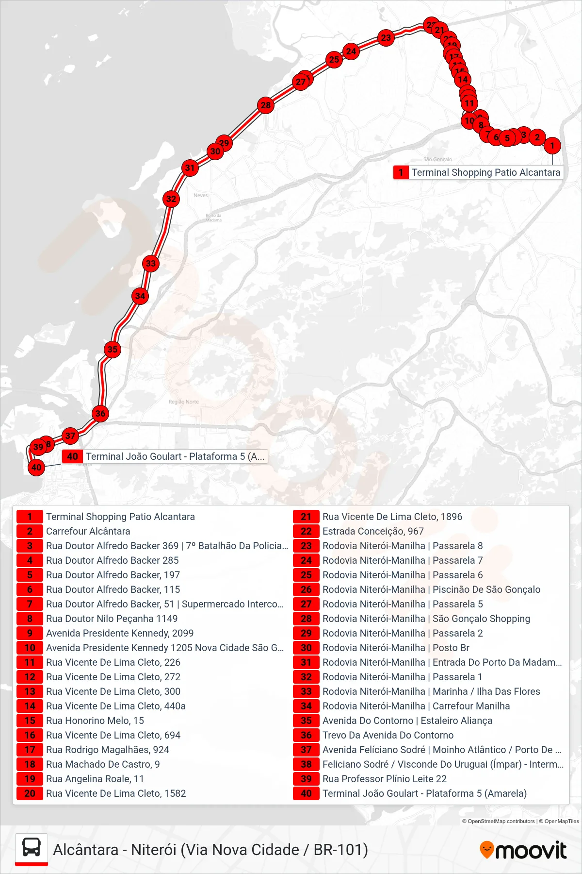 5400M bus Line (Niterói) route and stops on a map