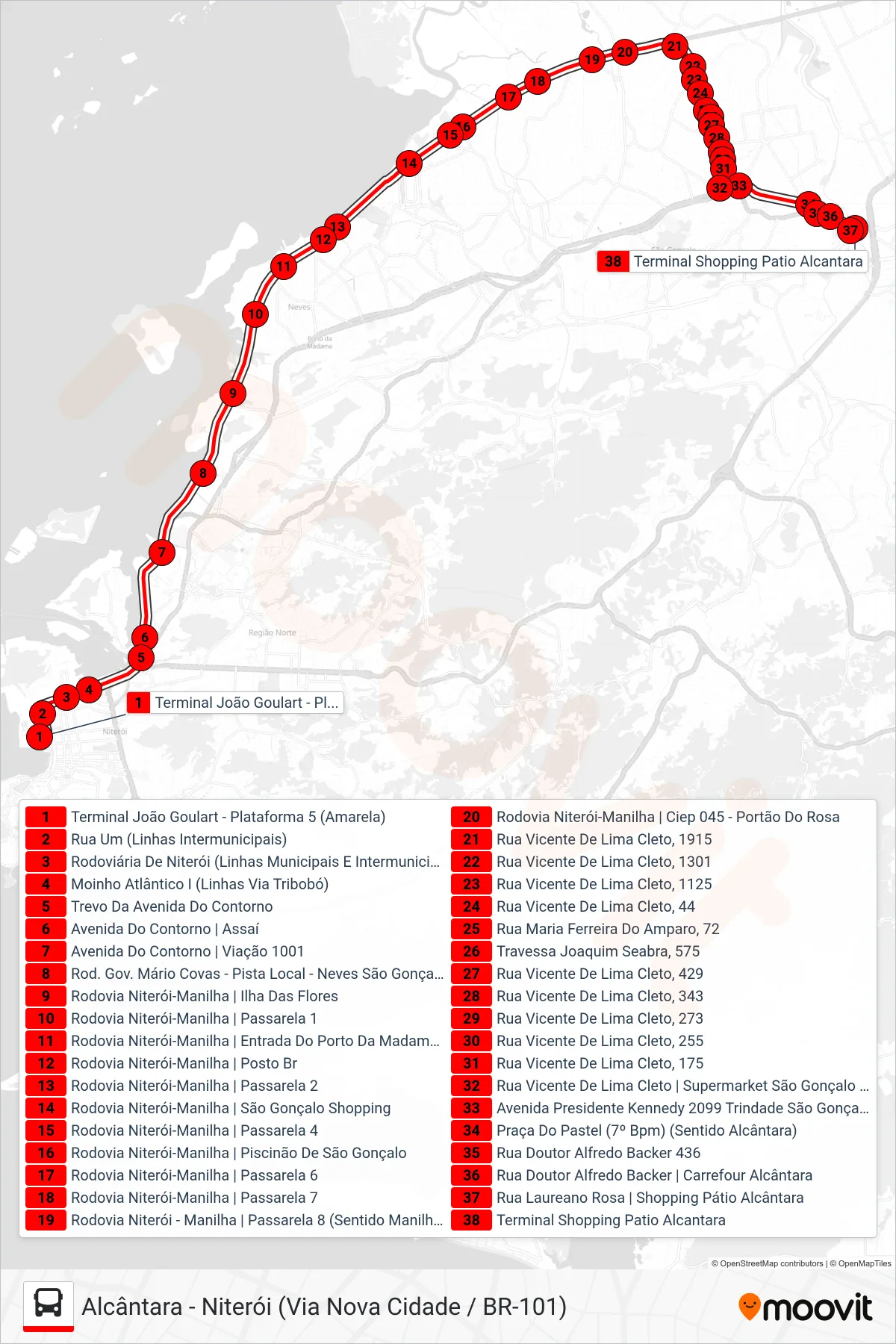 5400M bus Line (Nova Cidade) route and stops on a map