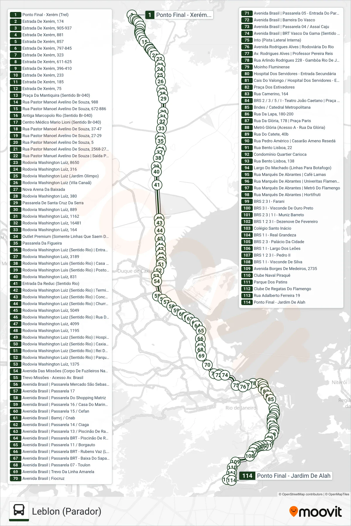 637T bus Line (Leblon (Parador)) route and stops on a map