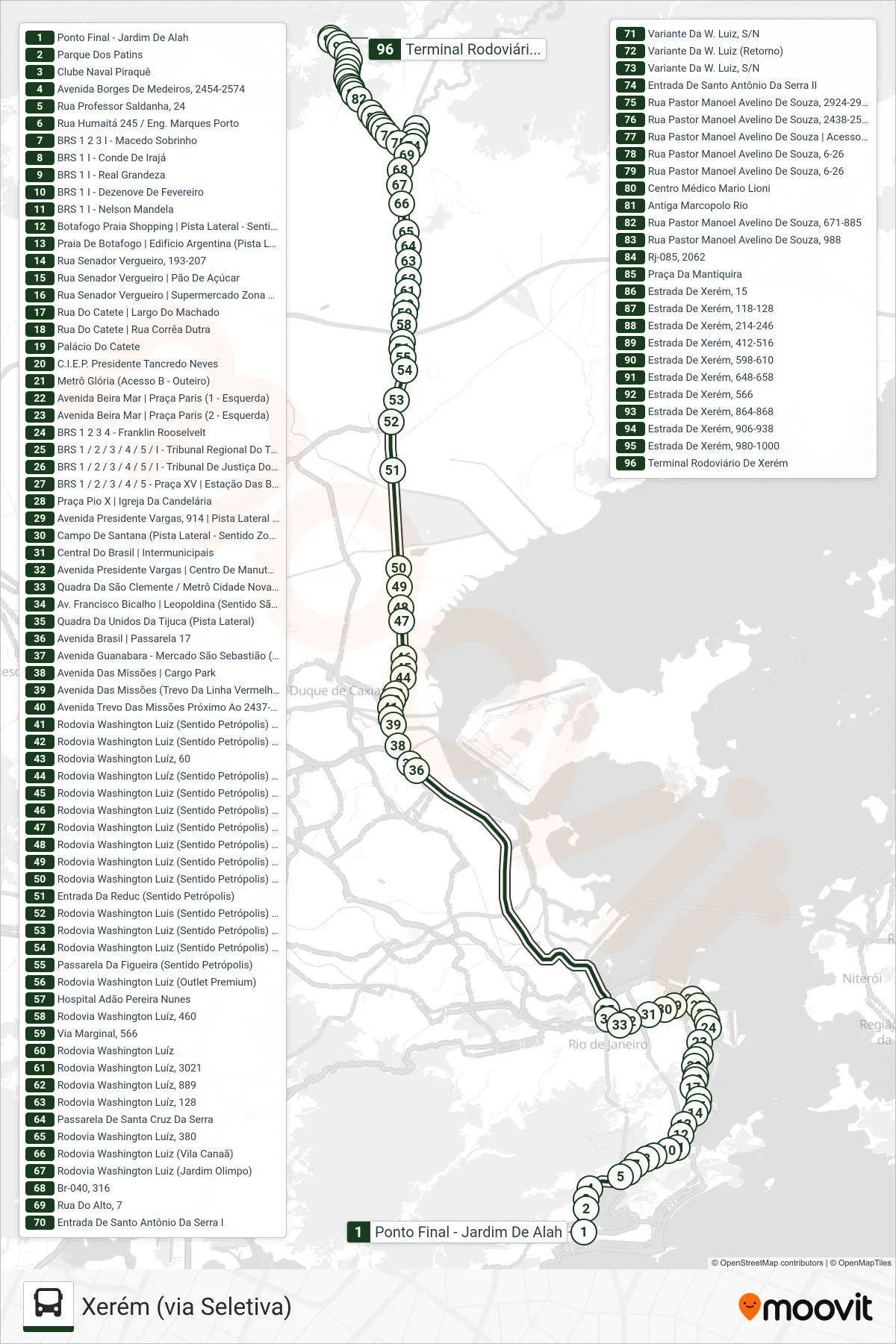 Rota e paradas da linha de ônibus 637T (Xerém (via Seletiva)) no mapa