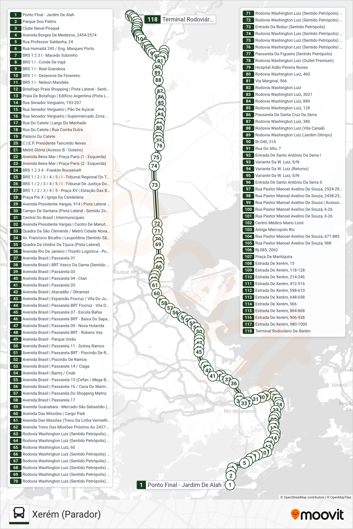 Rota e paradas da linha de ônibus 637T (Xerém (Parador)) no mapa