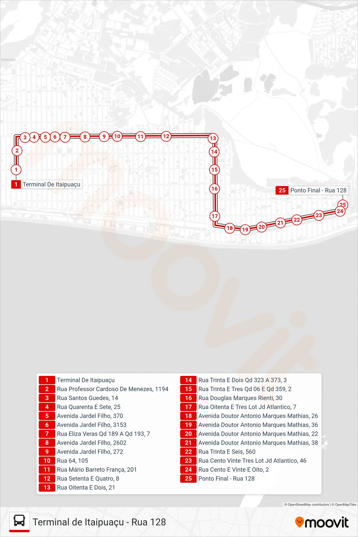 Rota e paradas da linha de ônibus E37 (Rua 128) no mapa