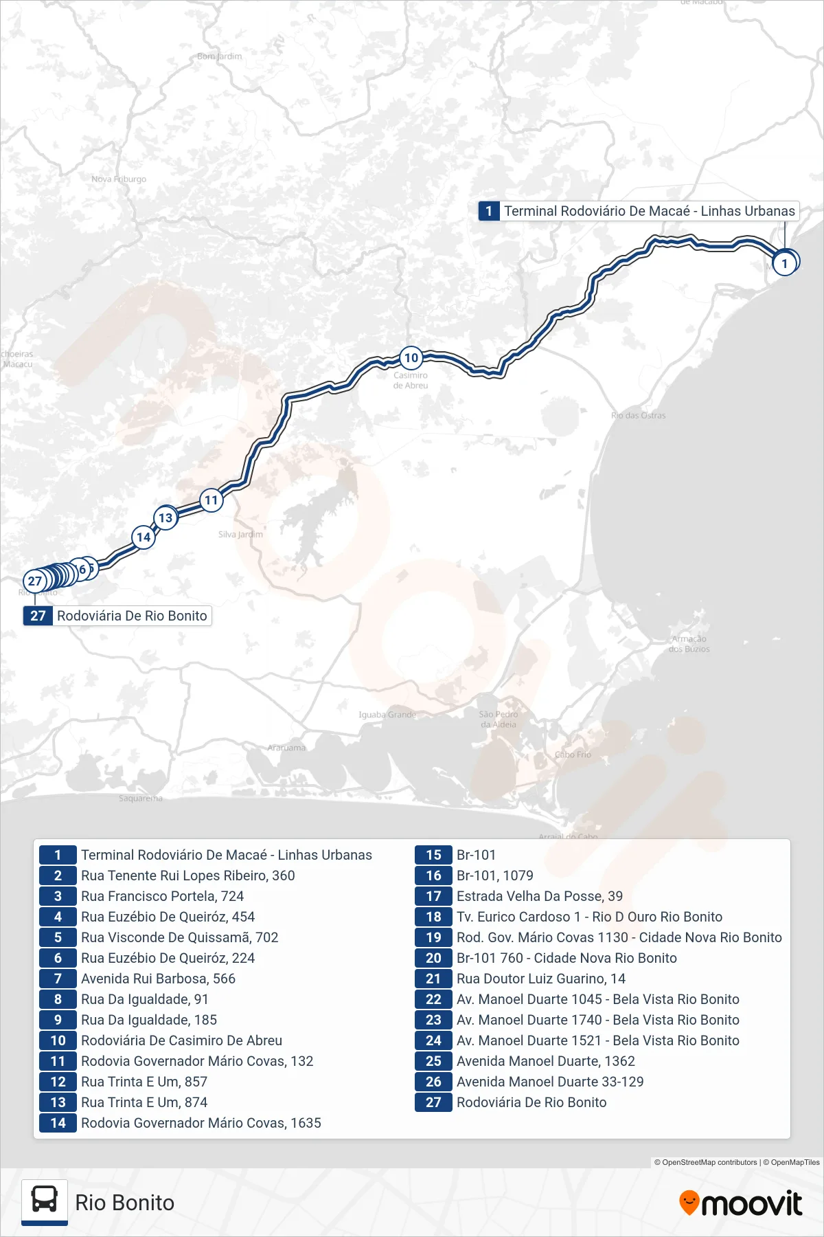 Rota e paradas da linha de ônibus B135 (Rio Bonito) no mapa