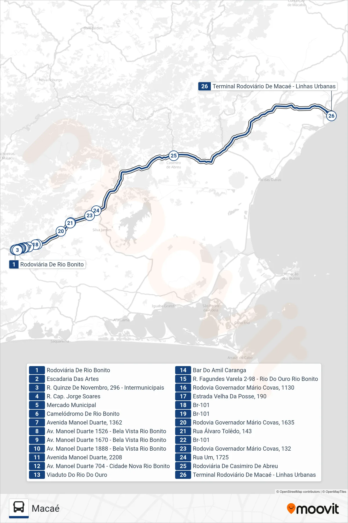 Rota e paradas da linha de ônibus  B135  (Macaé) no mapa