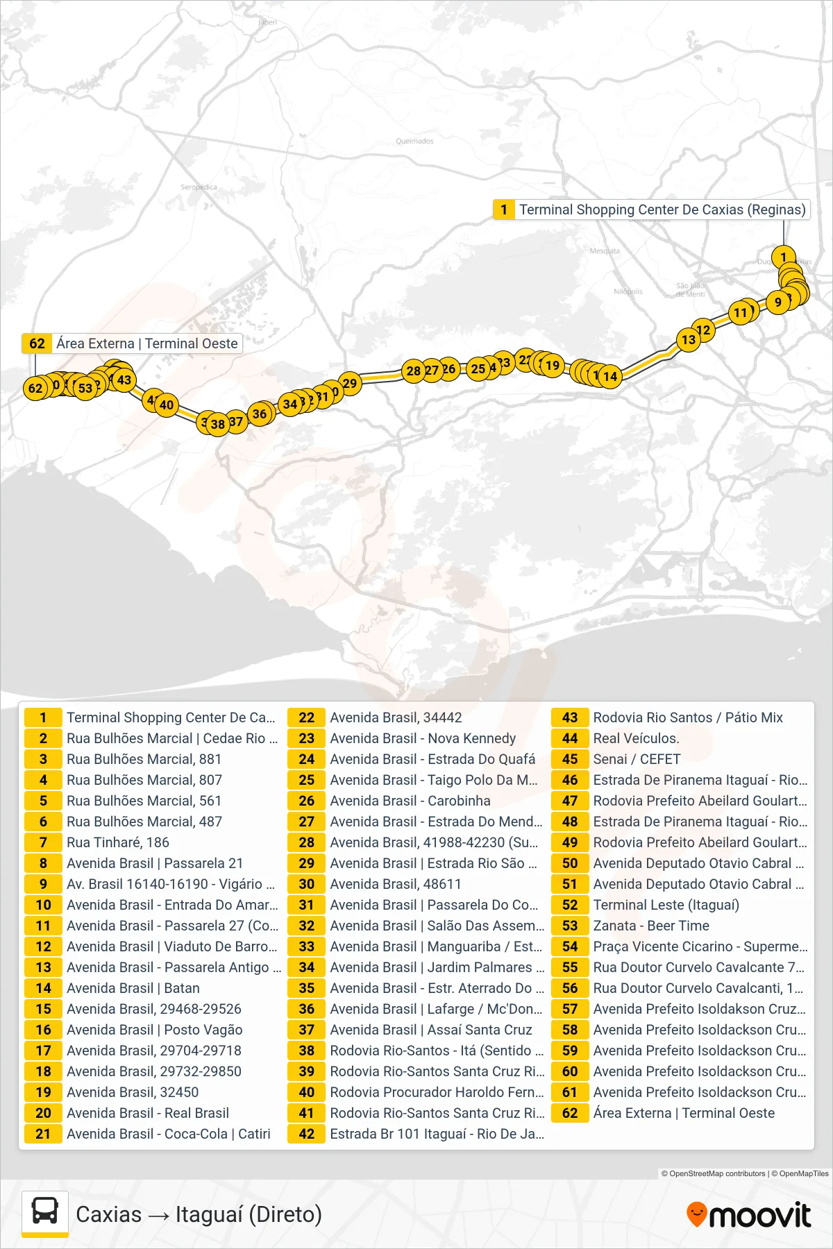 1900T (EXECUTIVO) bus Line (Caxias → Itaguaí (Direto)) route and stops on a map