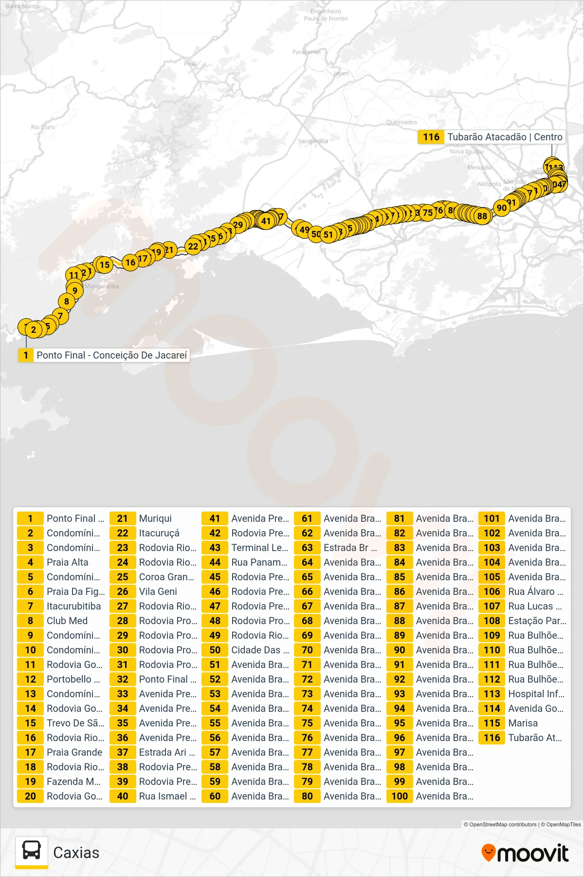 1900T (EXECUTIVO) bus Line (Caxias) route and stops on a map