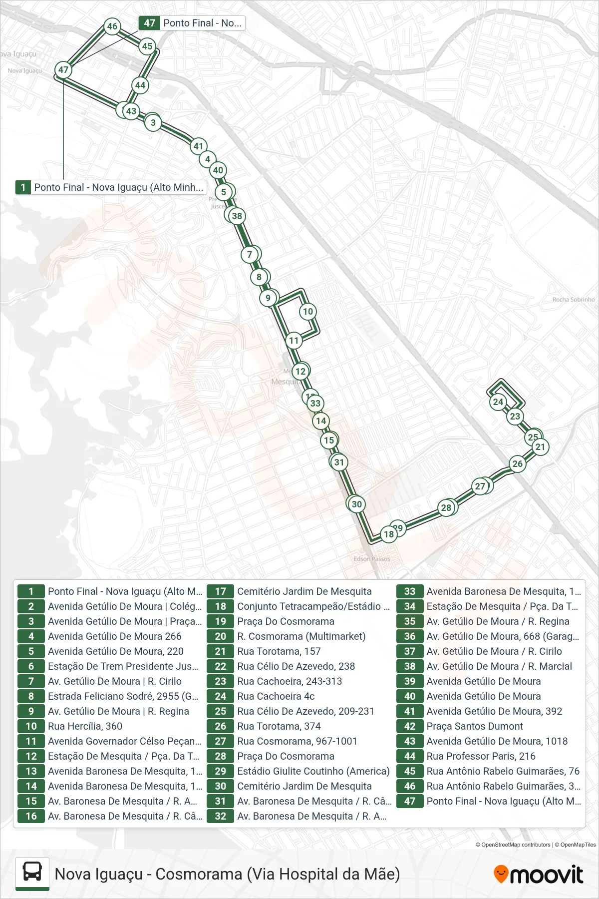 Rota e paradas da linha de ônibus 655I (Nova Iguaçu ↔ Cosmorama) no mapa