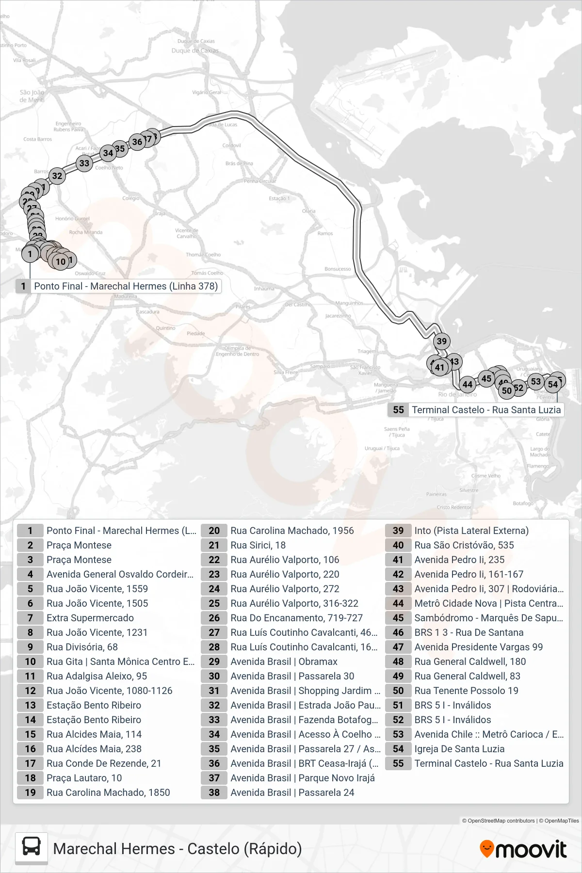 Rota e paradas da linha de ônibus SR 378 (Castelo) no mapa