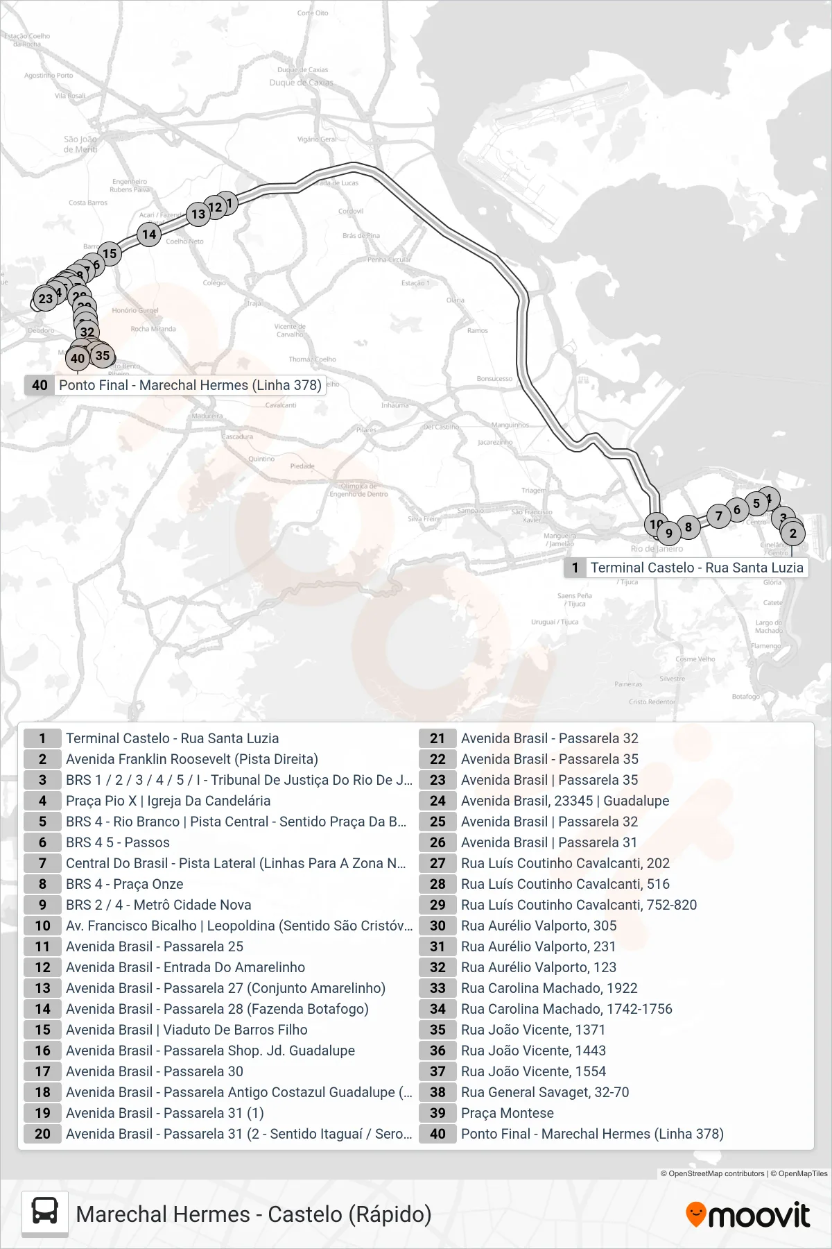 Rota e paradas da linha de ônibus SR 378 (Marechal Hermes) no mapa