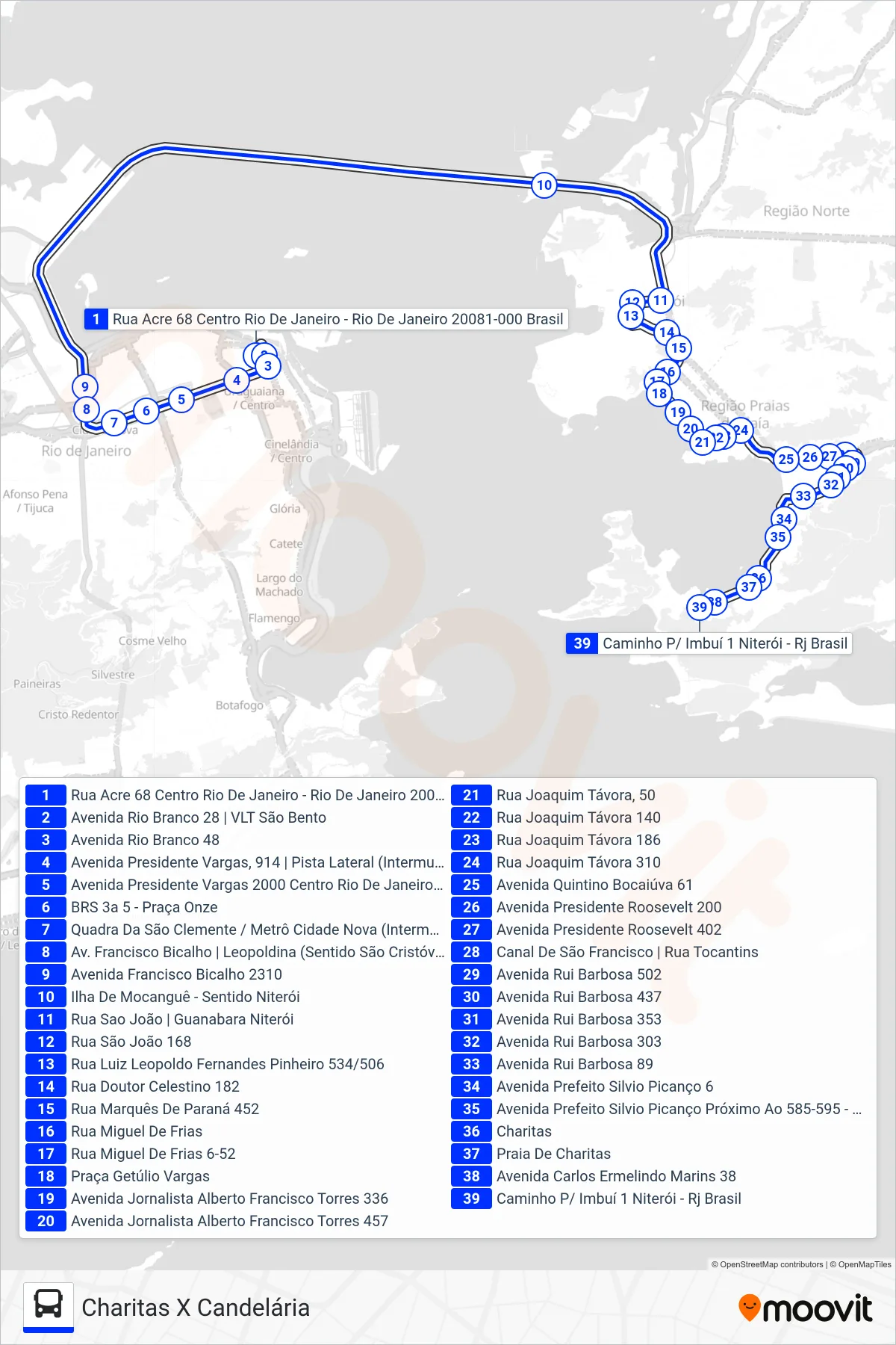 Rota e paradas da linha de ônibus 709D (Charitas) no mapa