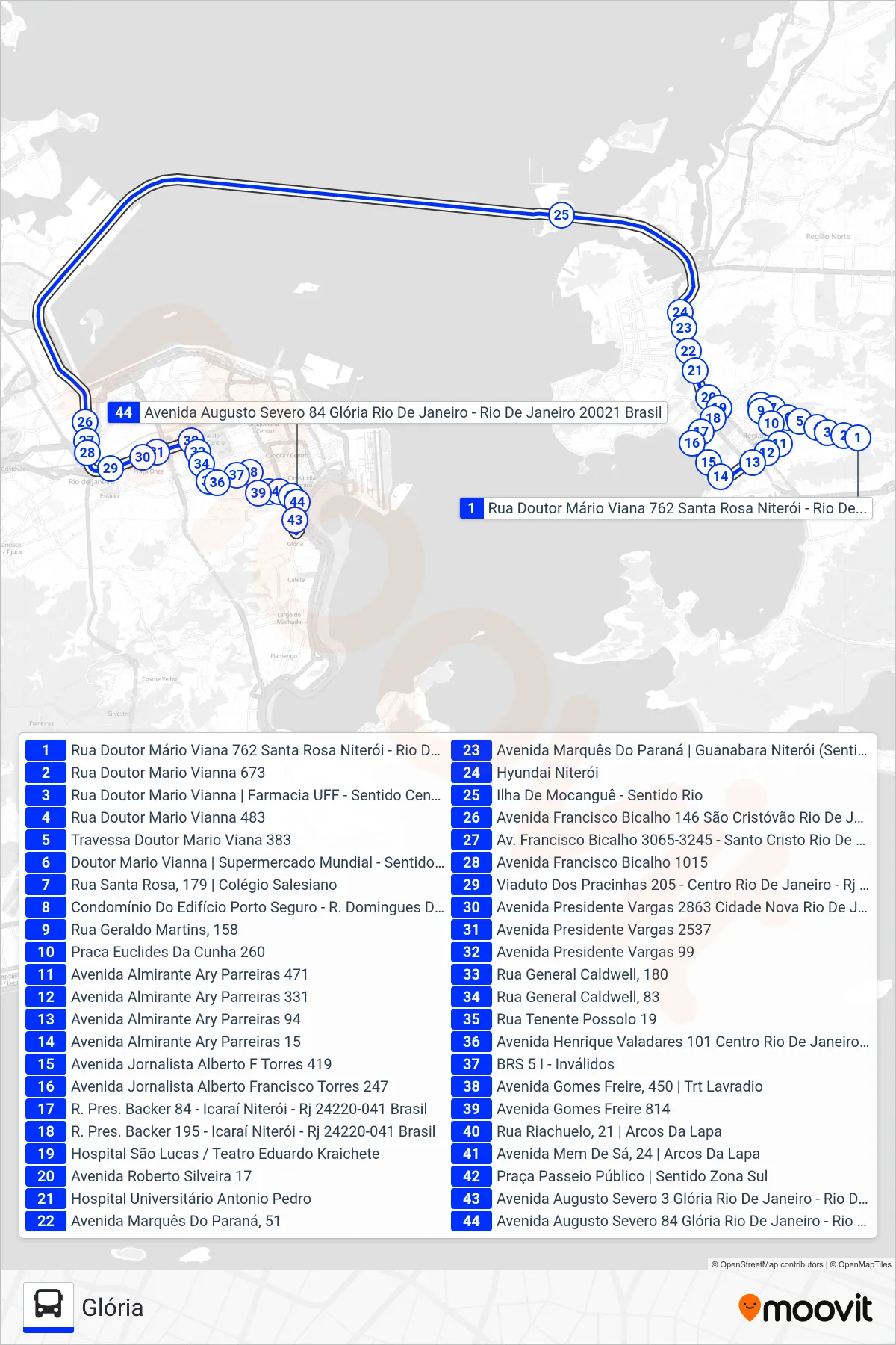 Rota e paradas da linha de ônibus 570D (Glória) no mapa