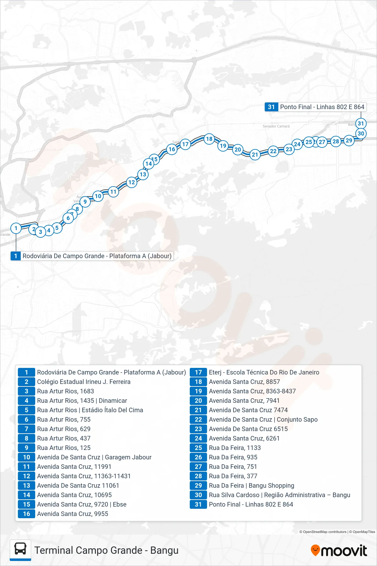 SP 864 bus Line (Bangu) route and stops on a map
