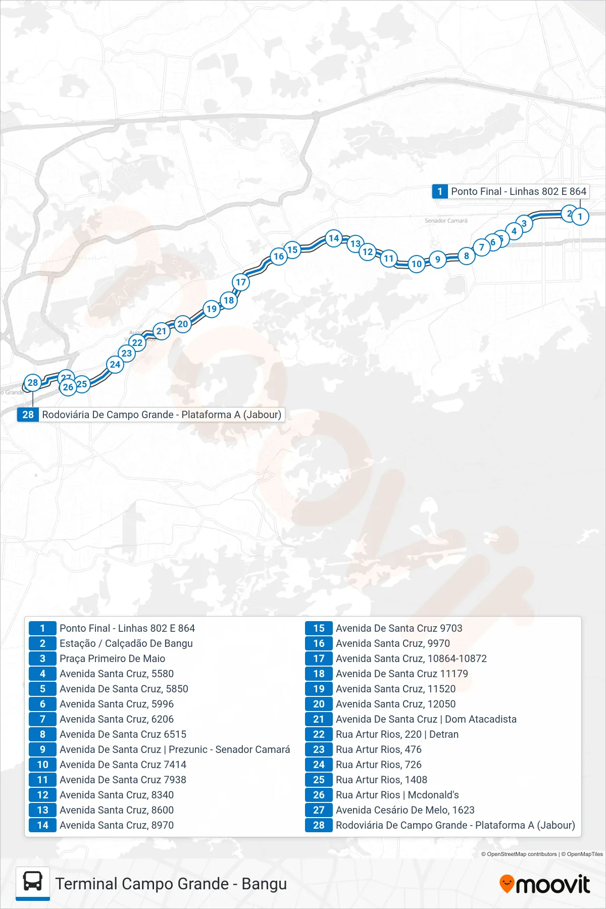 SP 864 bus Line (Campo Grande) route and stops on a map