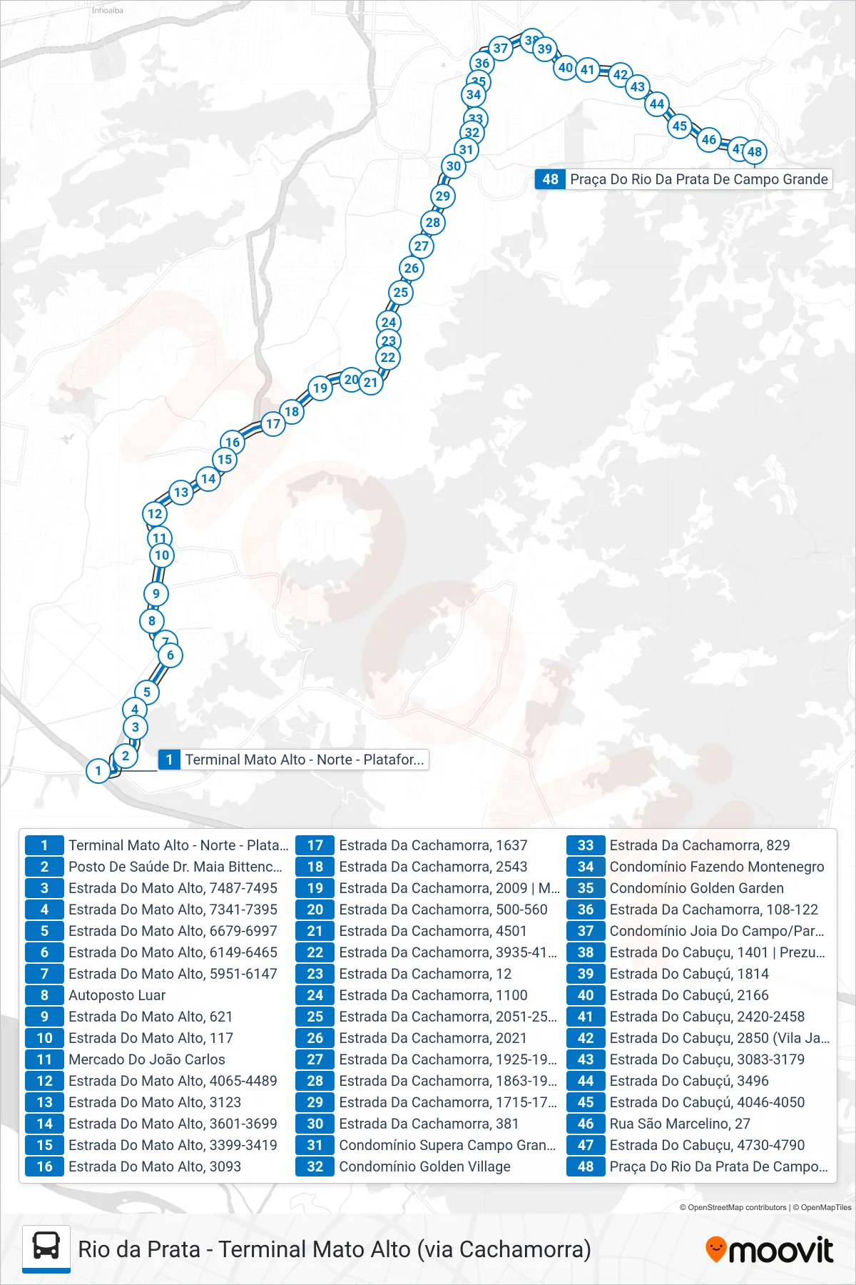 820 bus Line (Rio da Prata) route and stops on a map