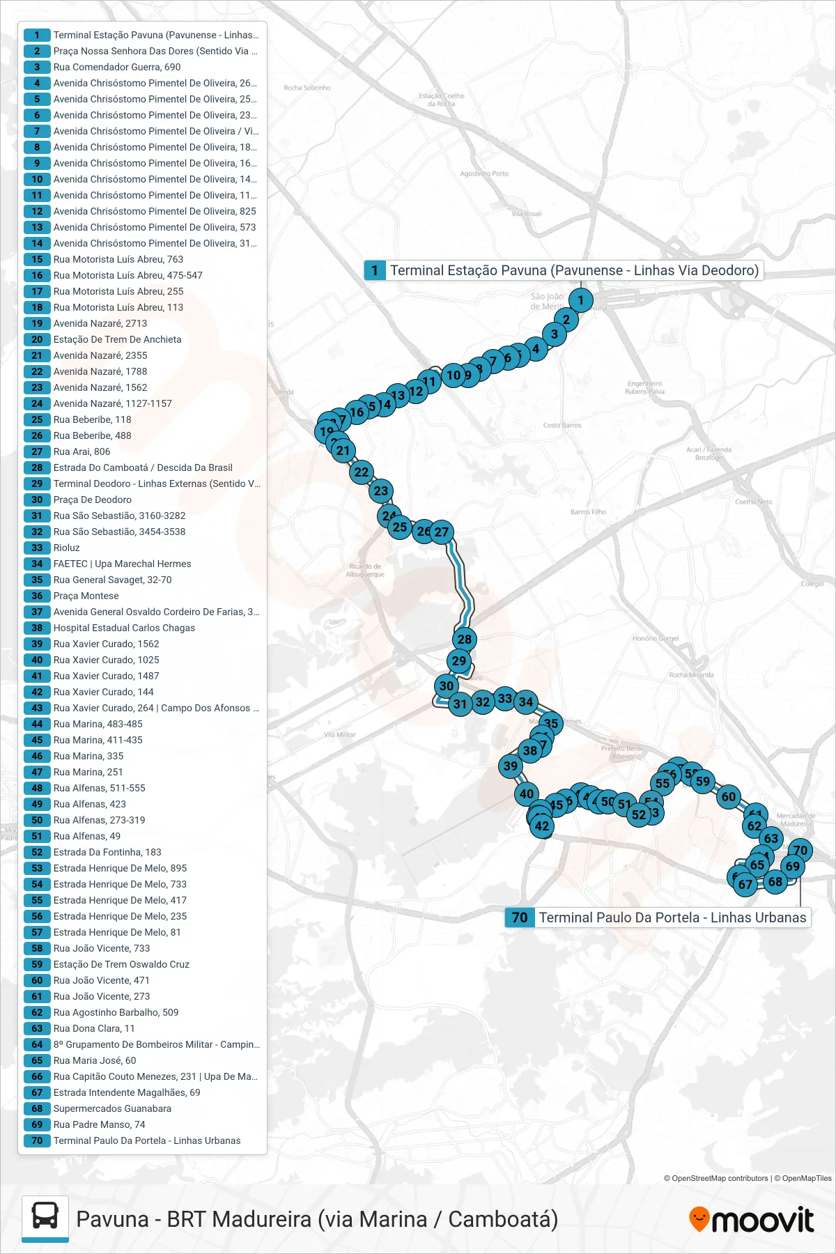 Rota e paradas da linha de ônibus 780 (Madureira) no mapa