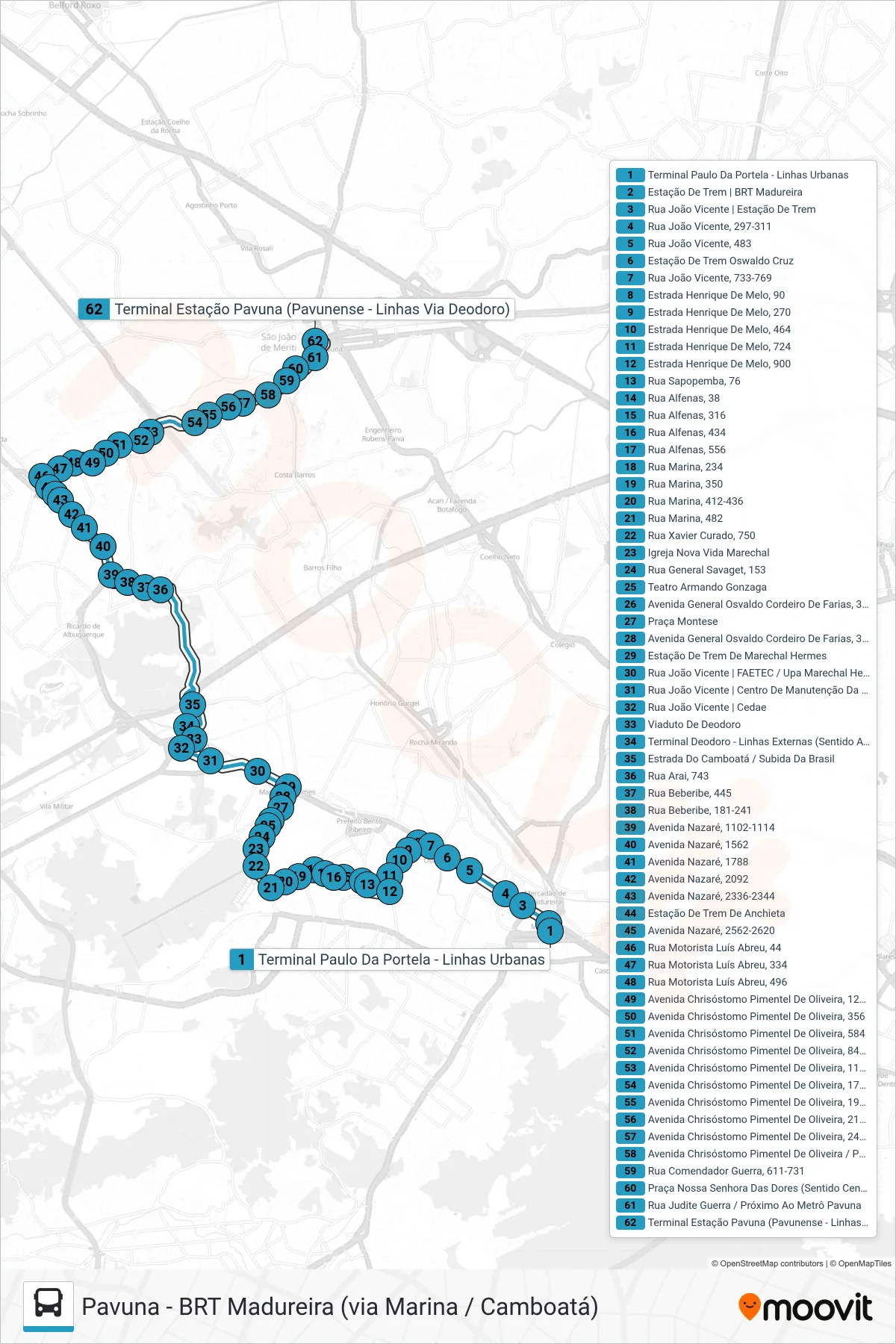 Rota e paradas da linha de ônibus 780 (Pavuna) no mapa