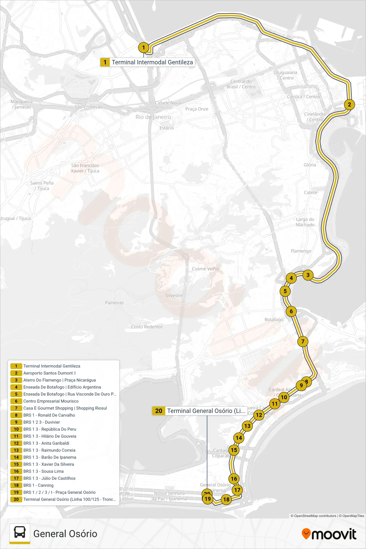 Rota e paradas da linha de ônibus 169 (General Osório) no mapa