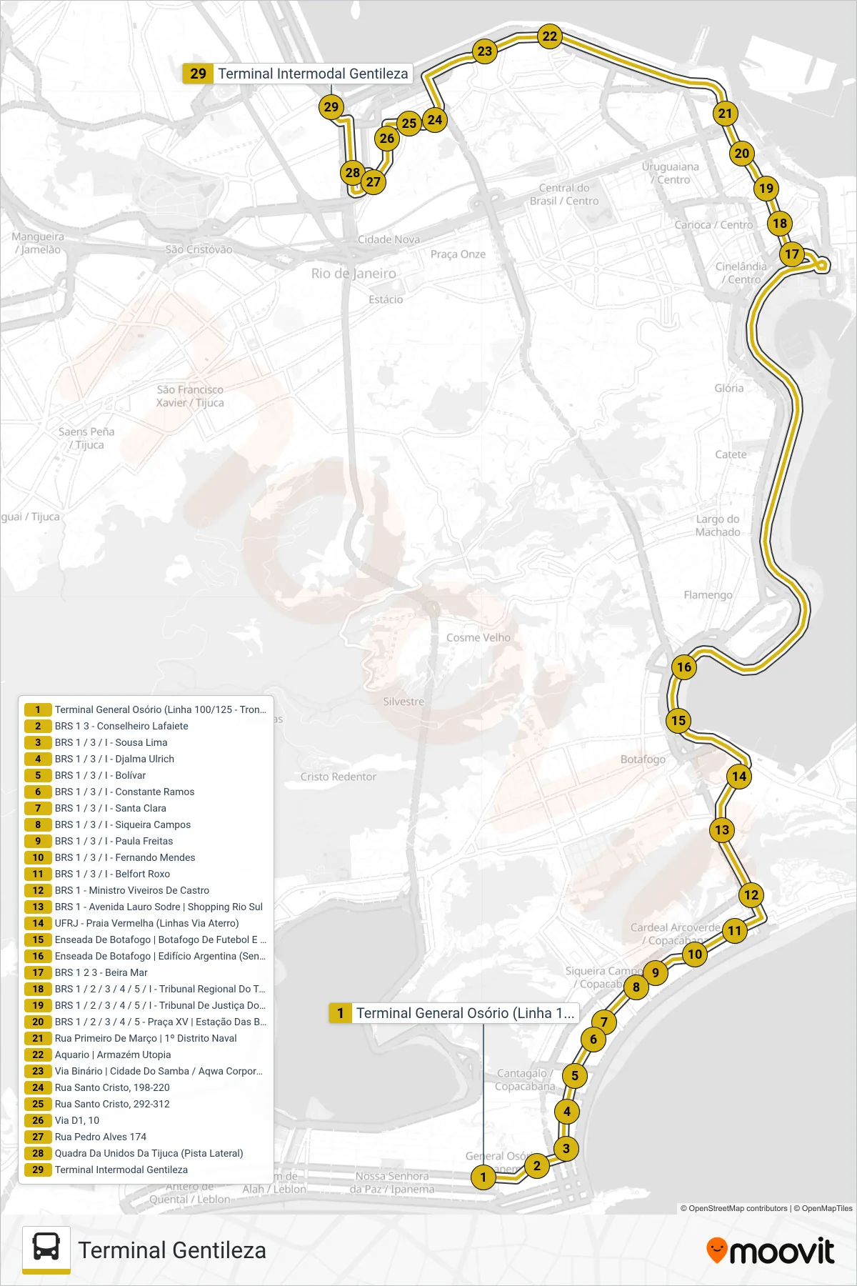 169 bus Line (Terminal Gentileza) route and stops on a map