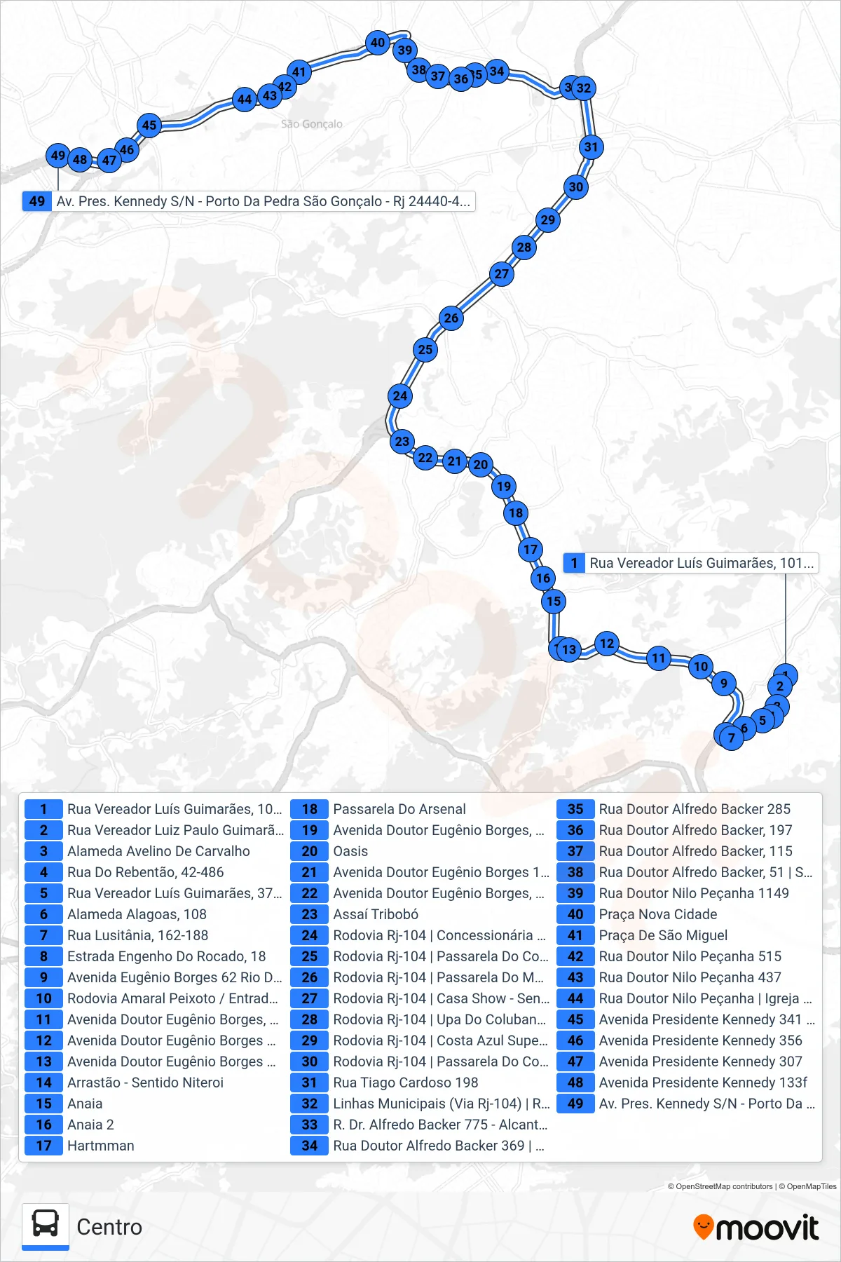 Rota e paradas da linha de ônibus 58C (Centro) no mapa