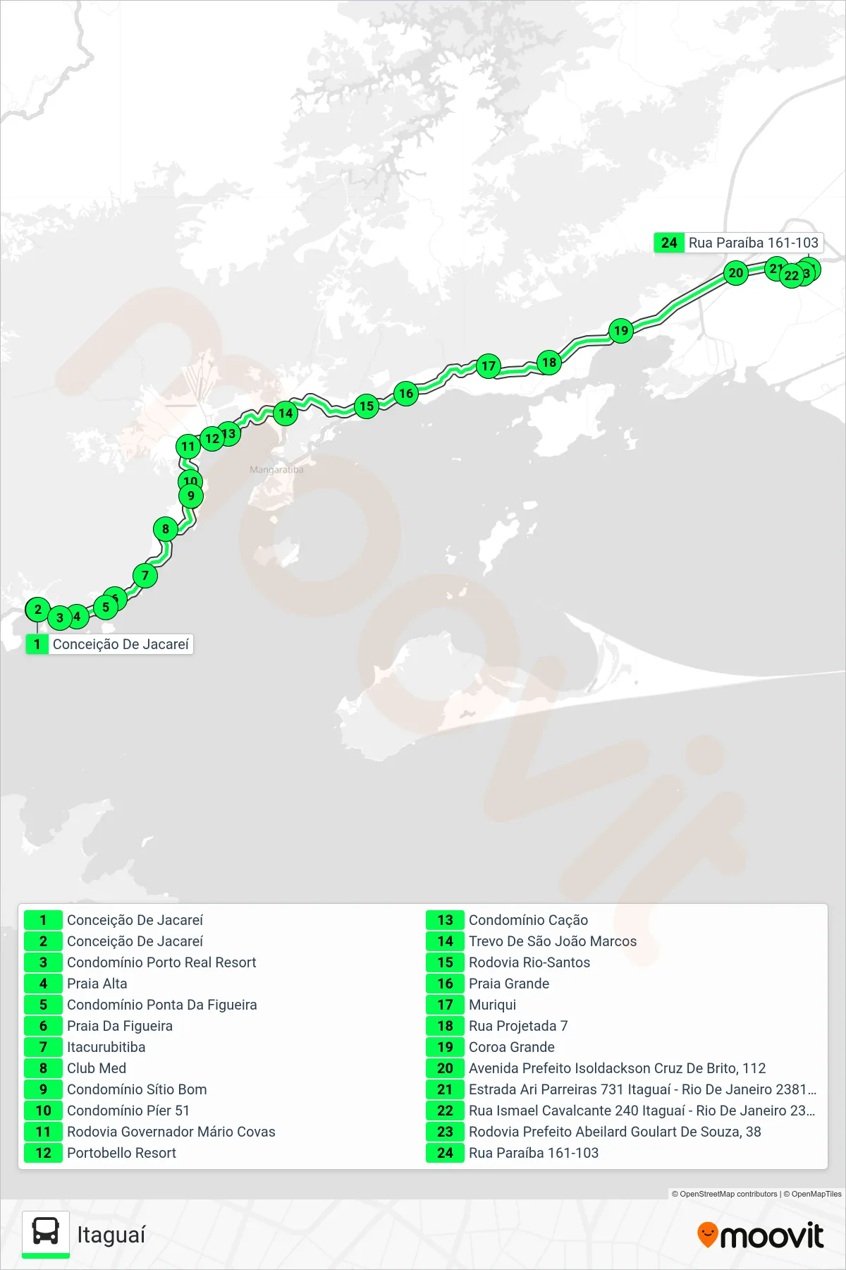 V121 bus Line (Itaguaí) route and stops on a map