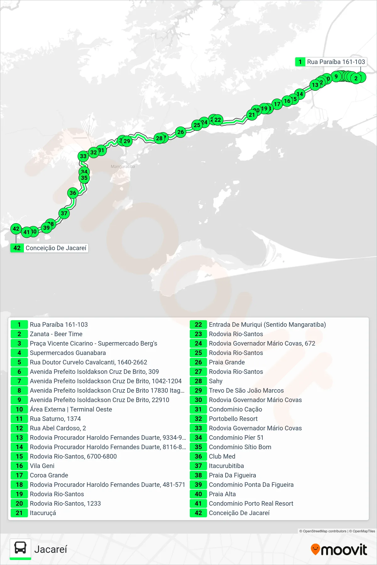 Rota e paradas da linha de ônibus V121 (Jacareí) no mapa