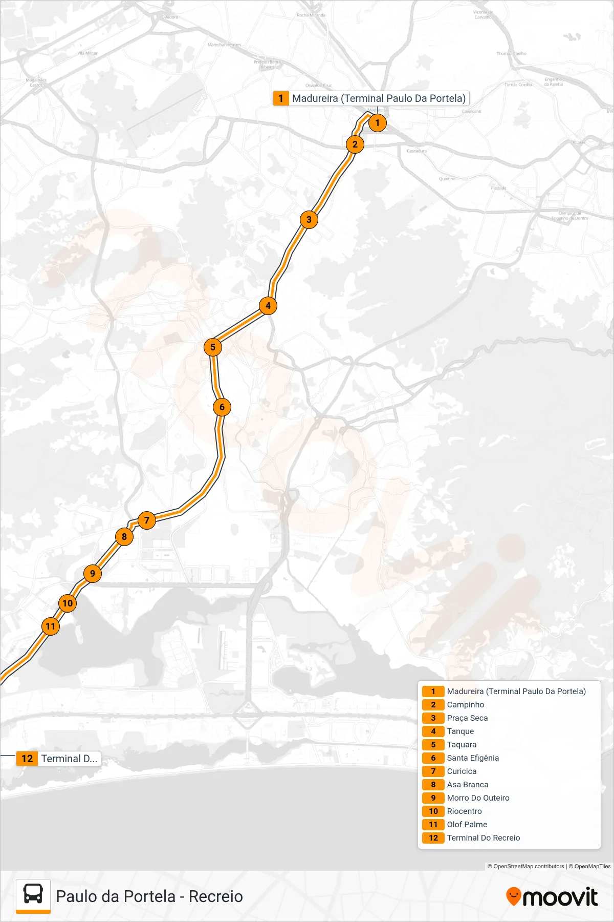SE10 bus Line (Recreio) route and stops on a map