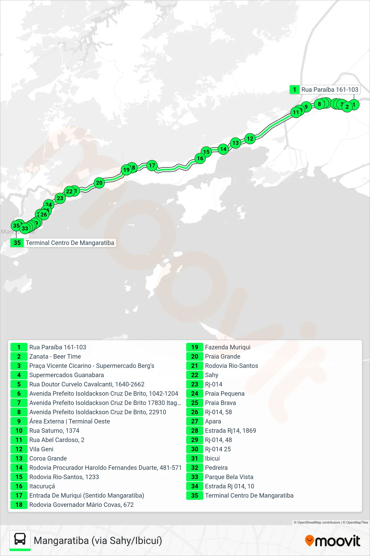 Rota e paradas da linha de ônibus V123 (Mangaratiba (via Sahy/Ibicuí)) no mapa