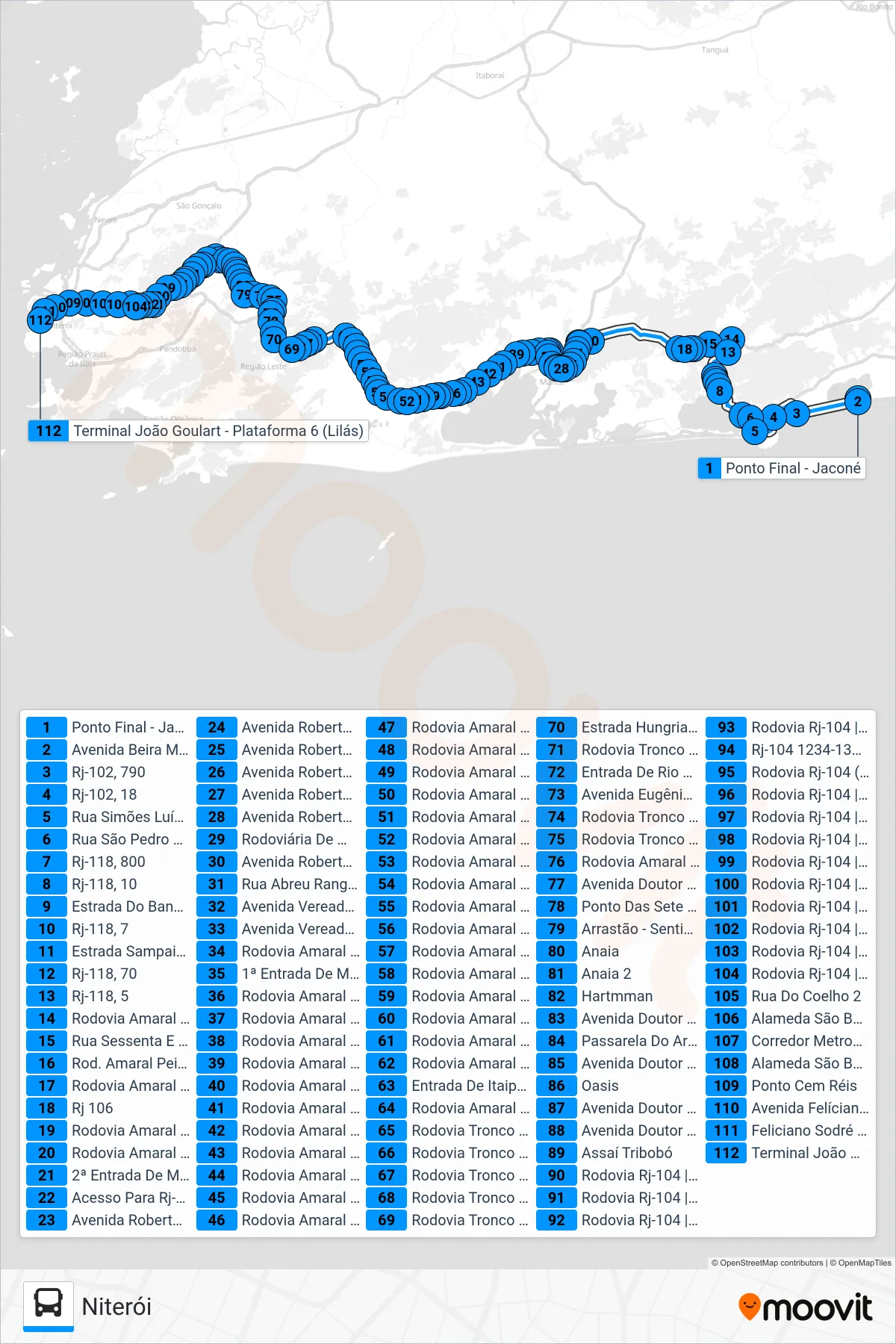 Rota e paradas da linha de ônibus 534A (Niterói) no mapa