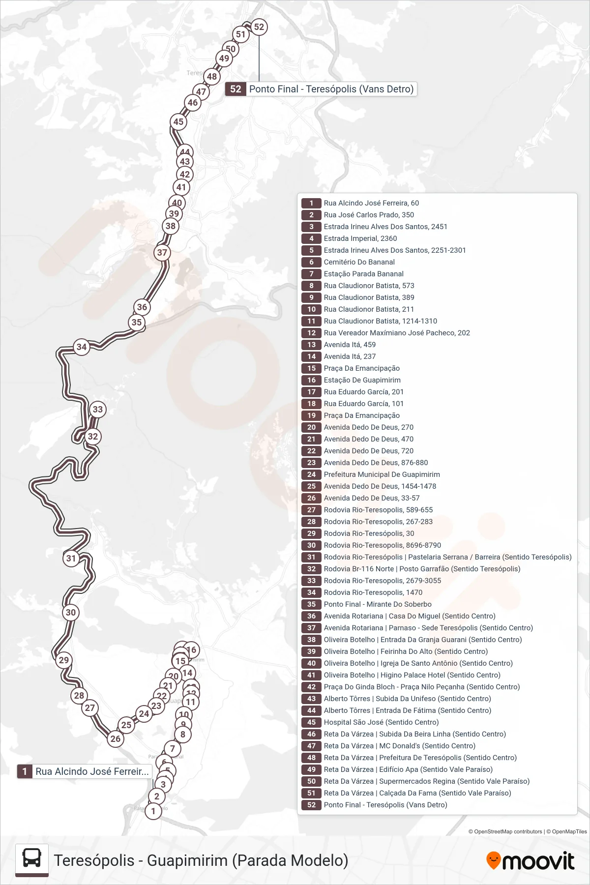 Rota e paradas da linha de ônibus MS200 (Teresópolis) no mapa
