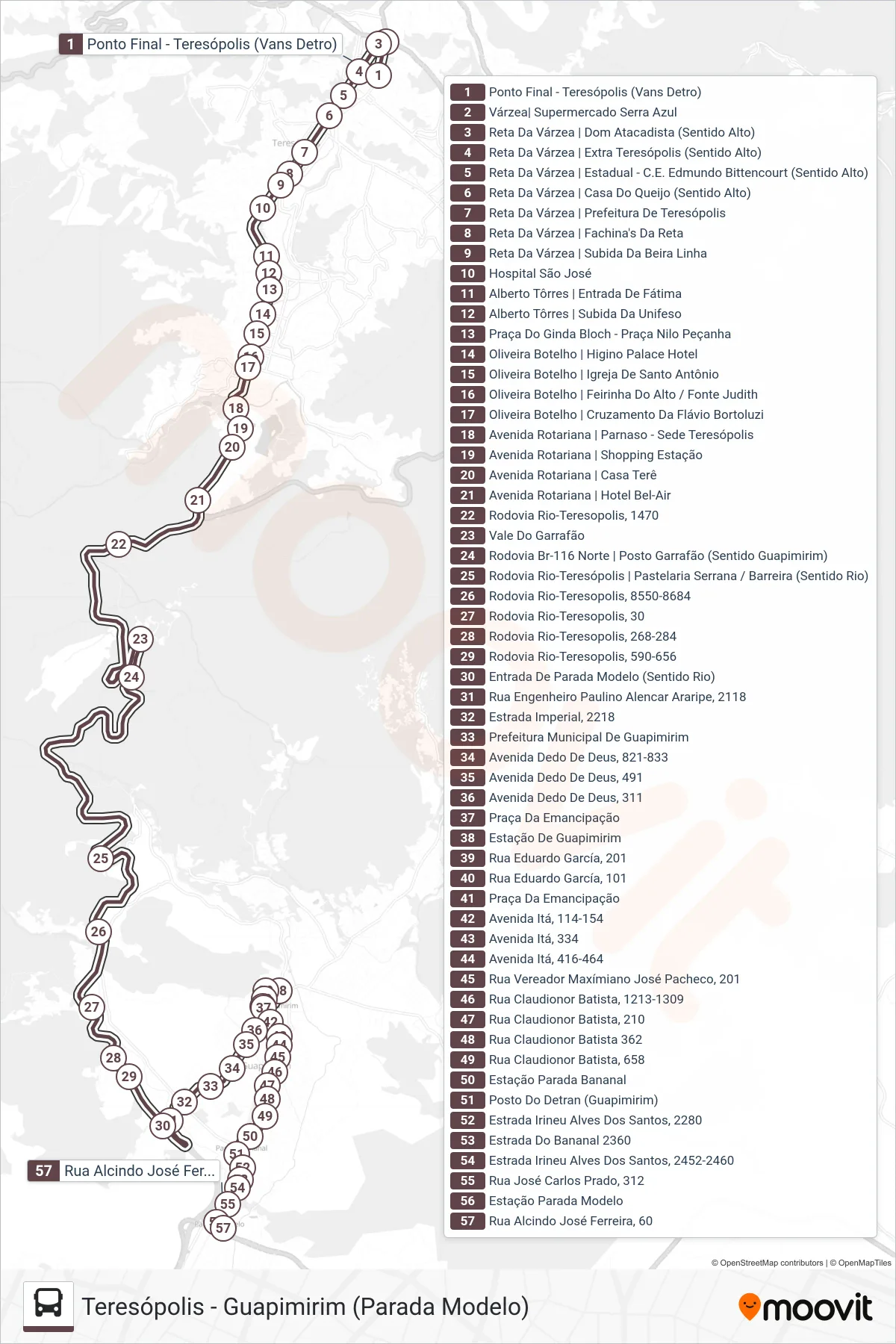 Rota e paradas da linha de ônibus MS200 (Guapimirim (Parada Modelo)) no mapa