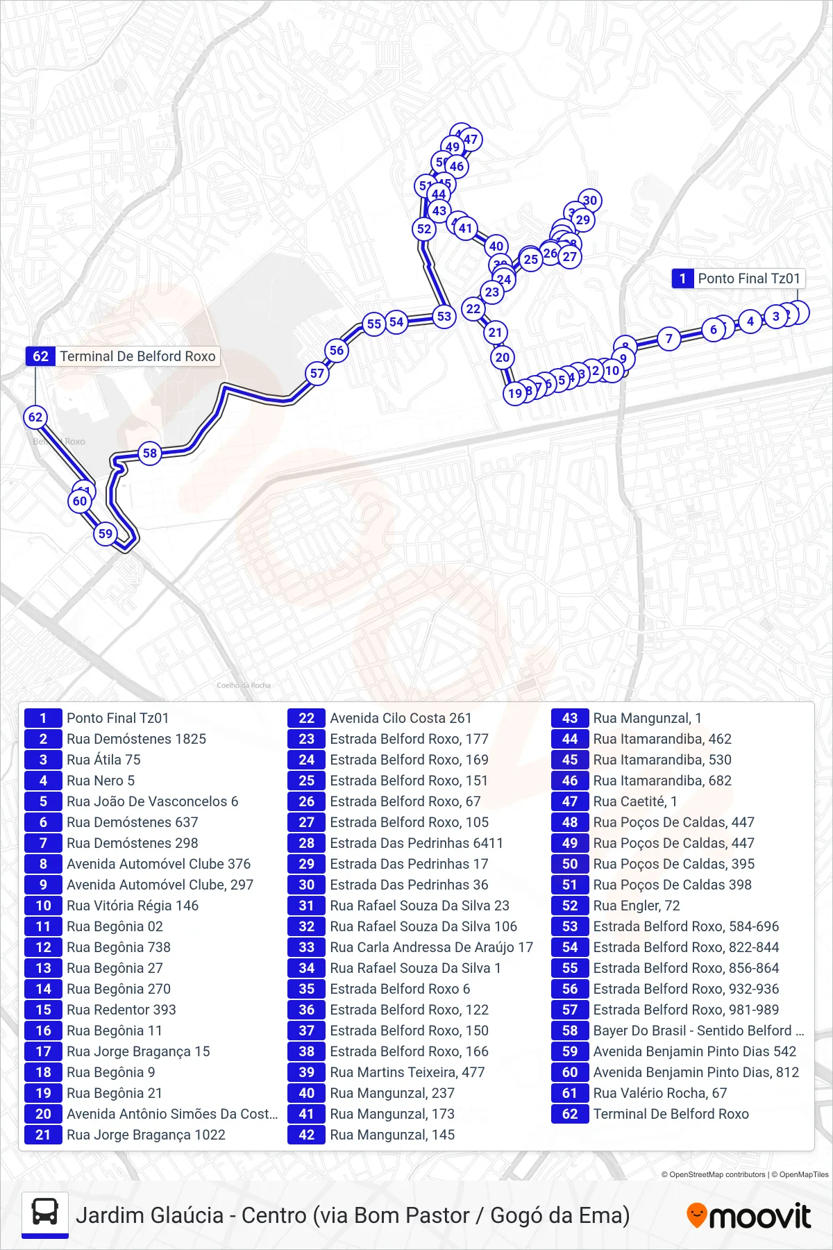 Rota e paradas da linha de ônibus  TZ01  (Centro) no mapa