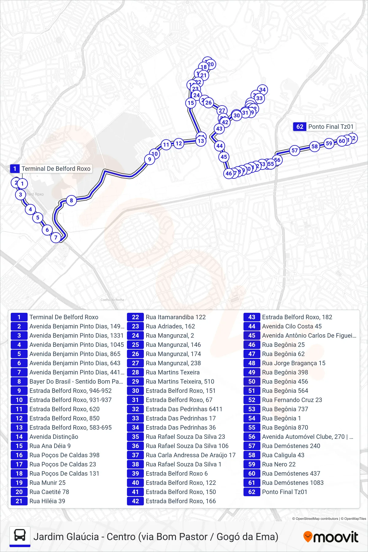 Rota e paradas da linha de ônibus TZ01 (Jardim Gláucia) no mapa