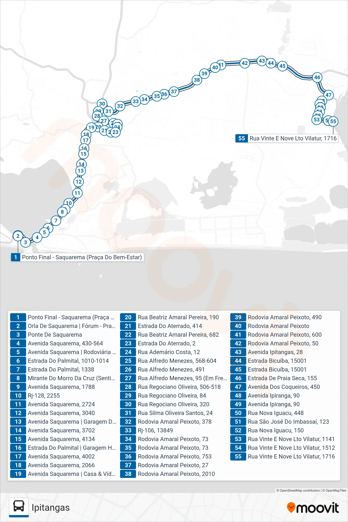 Rota e paradas da linha de ônibus 64 (Ipitangas) no mapa