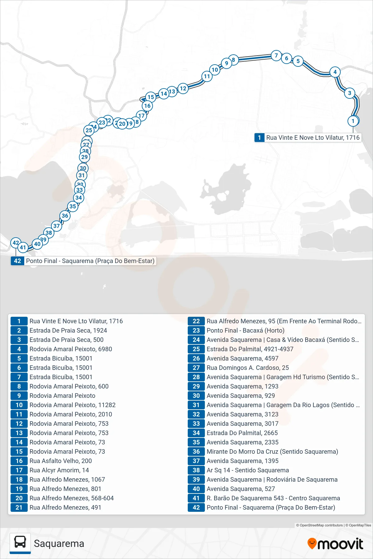 Rota e paradas da linha de ônibus 64 (Saquarema) no mapa