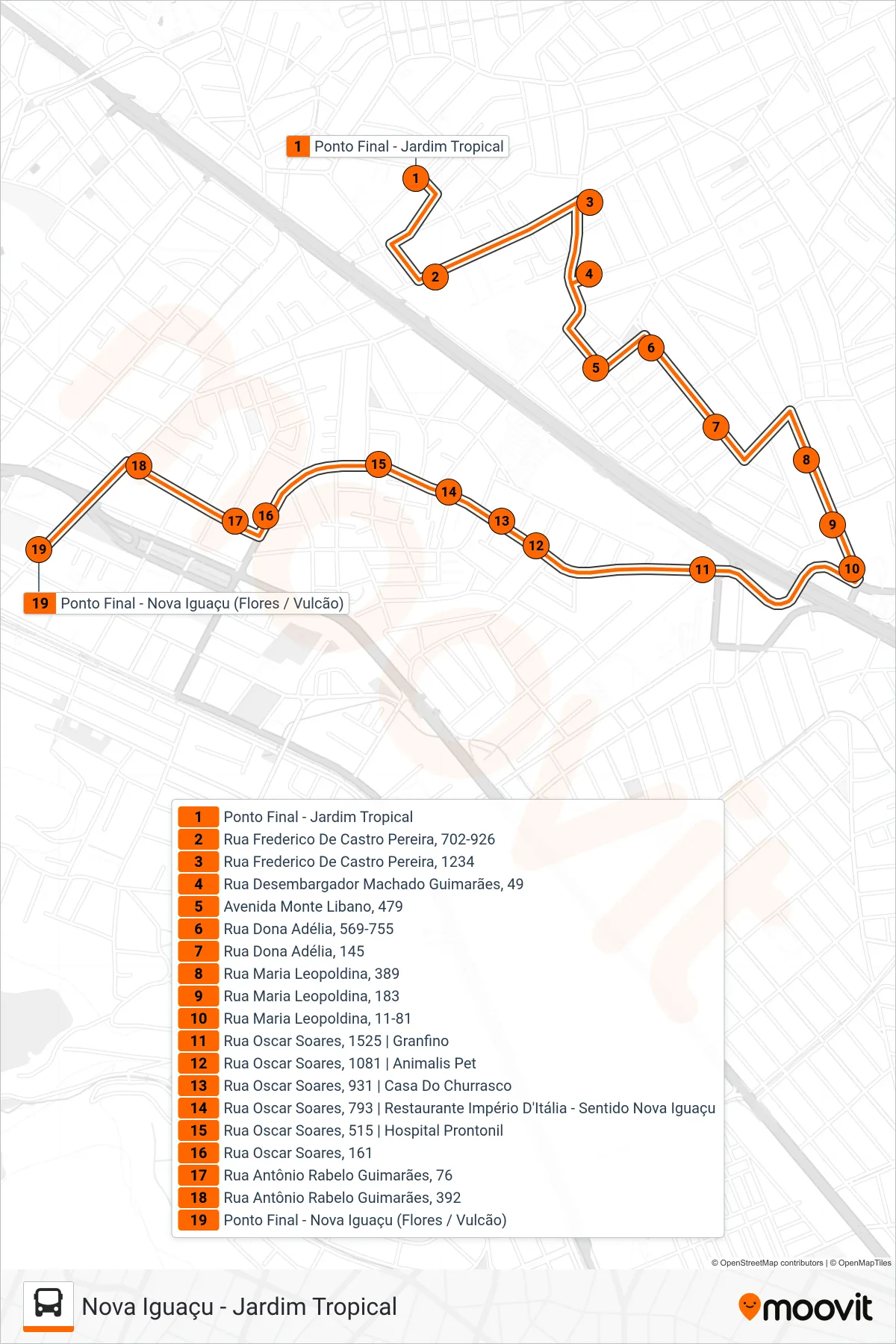 Rota e paradas da linha de ônibus 7019 (Nova Iguaçu) no mapa