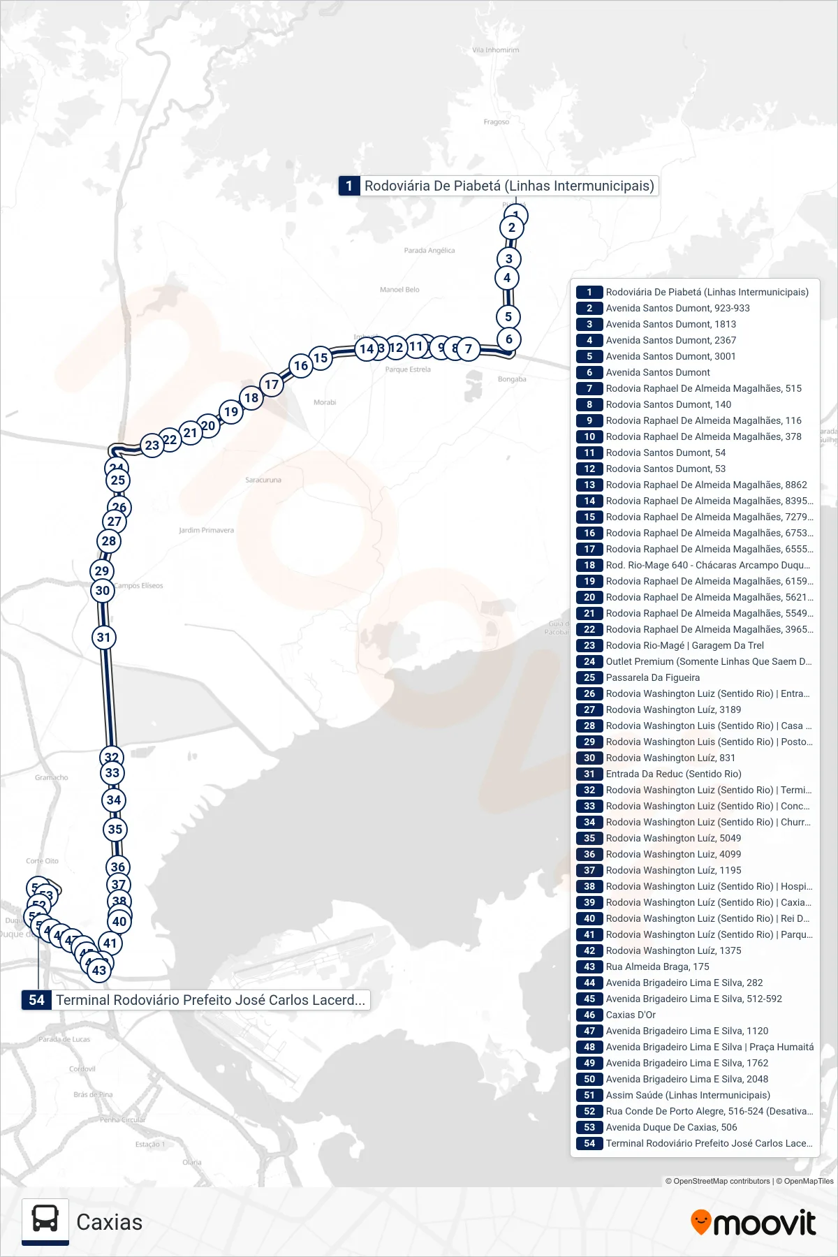 Rota e paradas da linha de ônibus 1406I (Caxias) no mapa