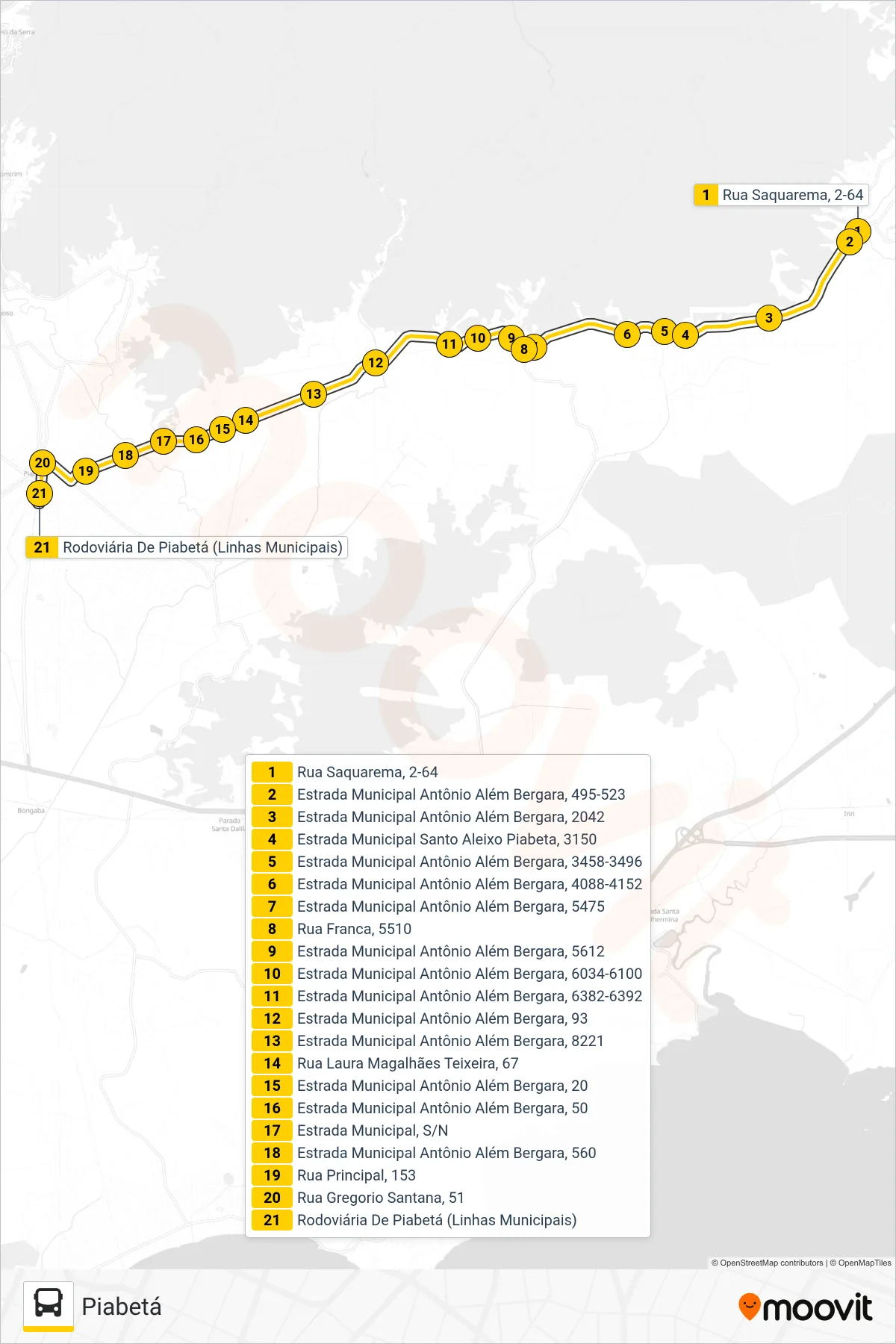 Rota e paradas da linha de ônibus TZ07 (Piabetá) no mapa