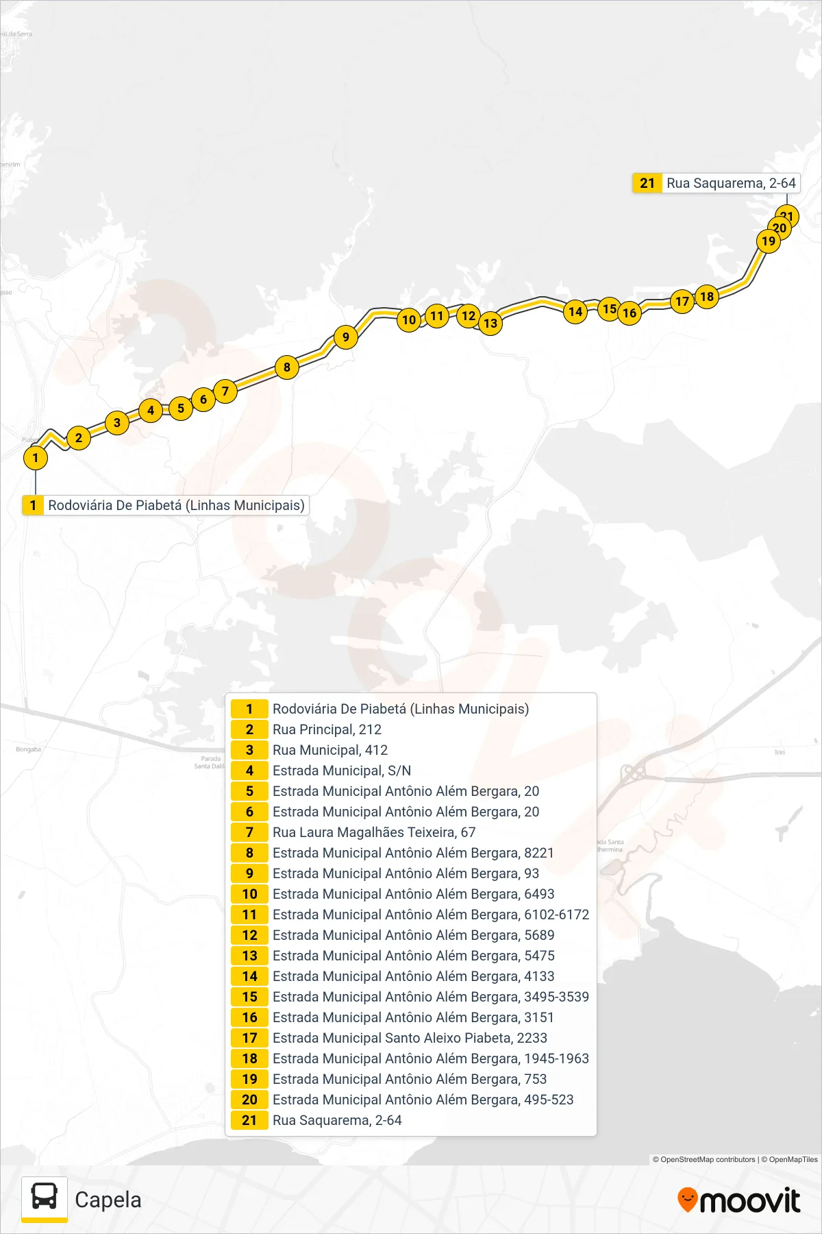 Rota e paradas da linha de ônibus  TZ07  (Capela) no mapa
