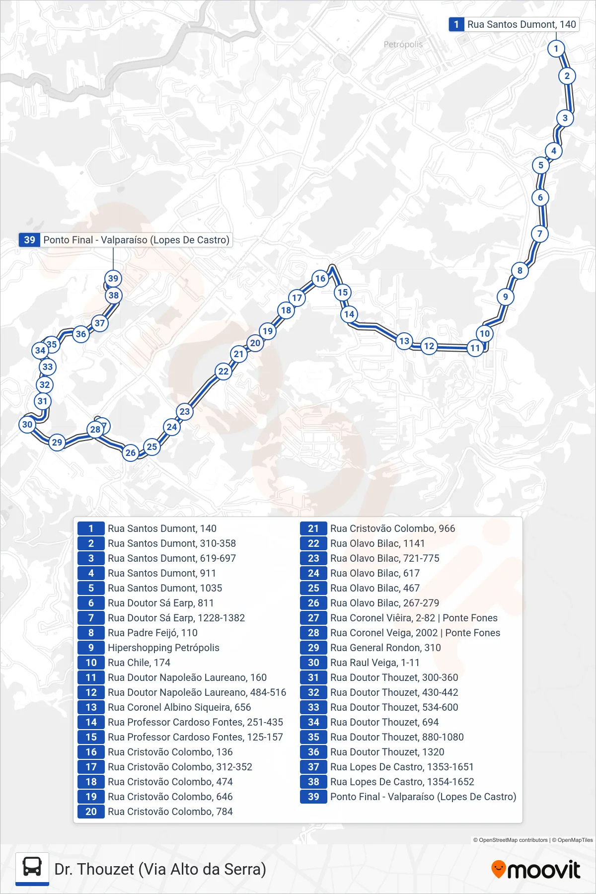 Rota e paradas da linha de ônibus 656 (Dr. Thouzet (Lopes De Castro)) no mapa