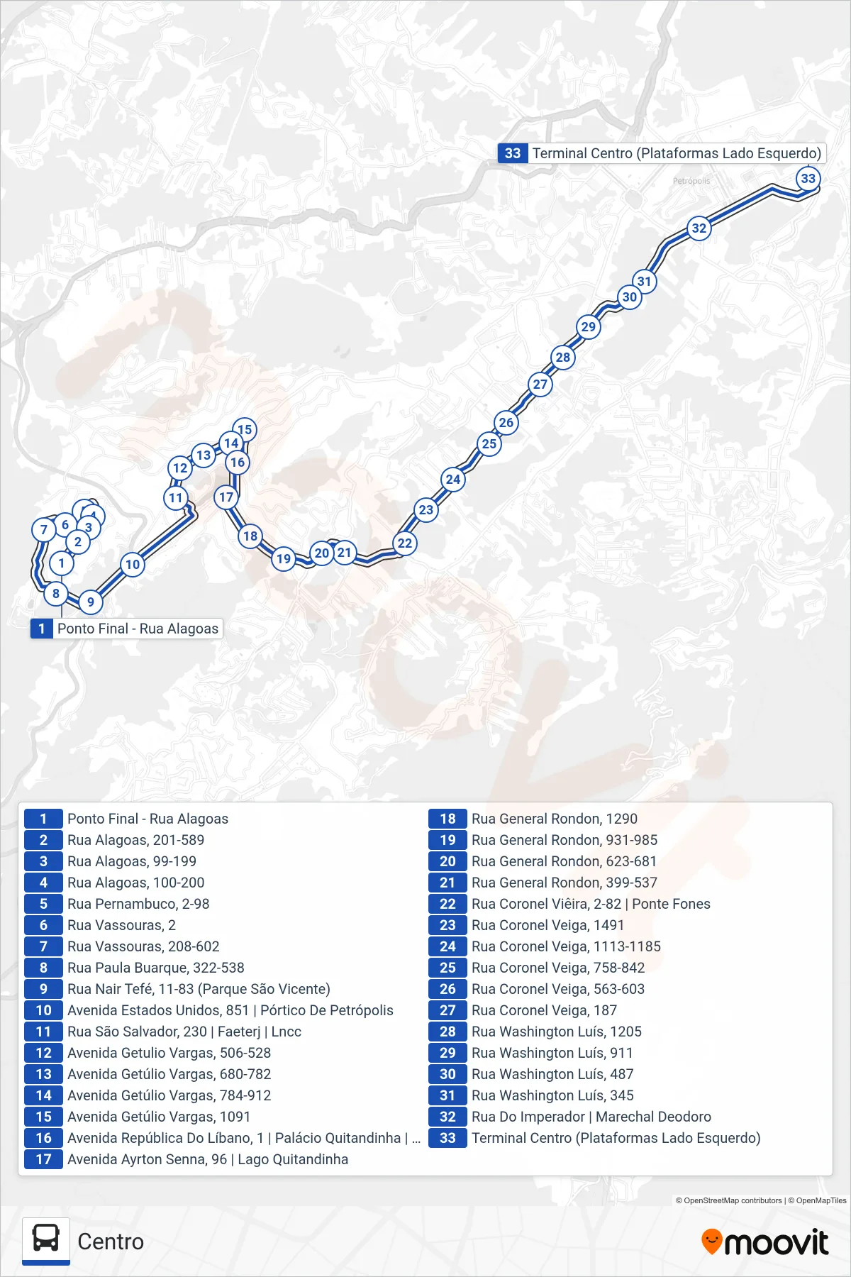 Rota e paradas da linha de ônibus 655 (Centro) no mapa