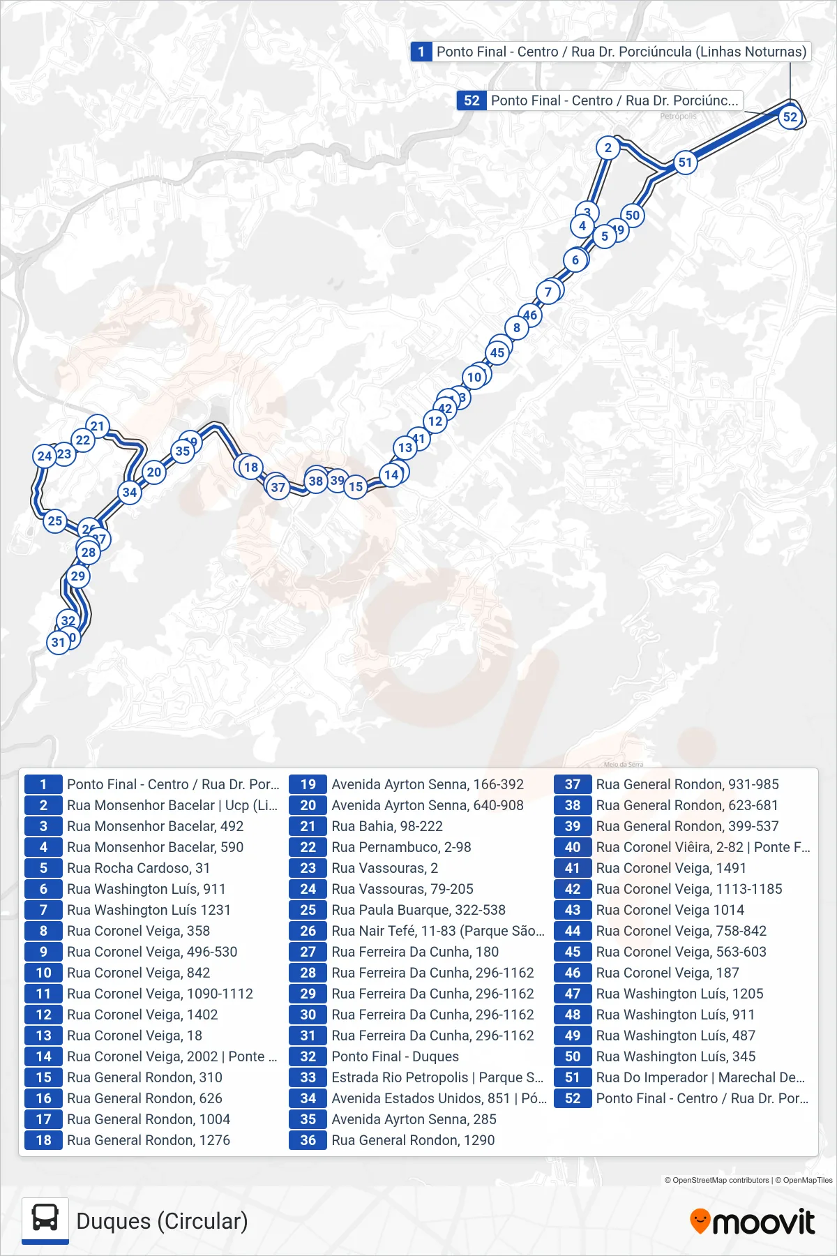 Rota e paradas da linha de ônibus 664 (Duques (Circular)) no mapa