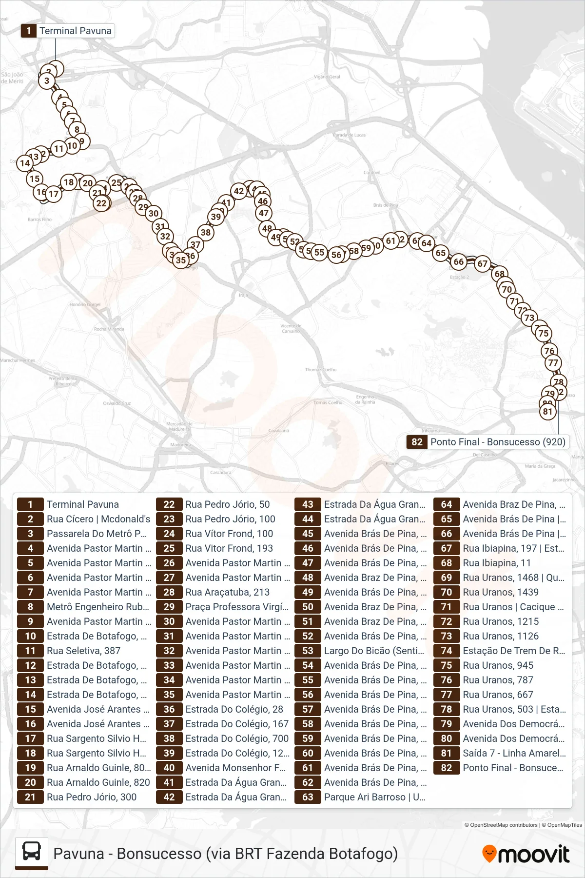 Rota e paradas da linha de ônibus 920 (Bonsucesso) no mapa
