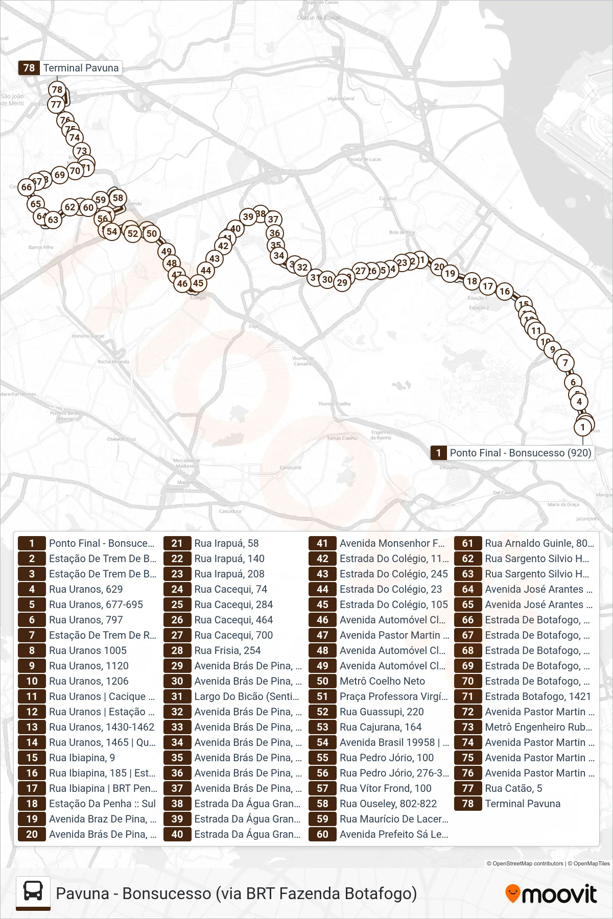 Rota e paradas da linha de ônibus 920 (Pavuna) no mapa