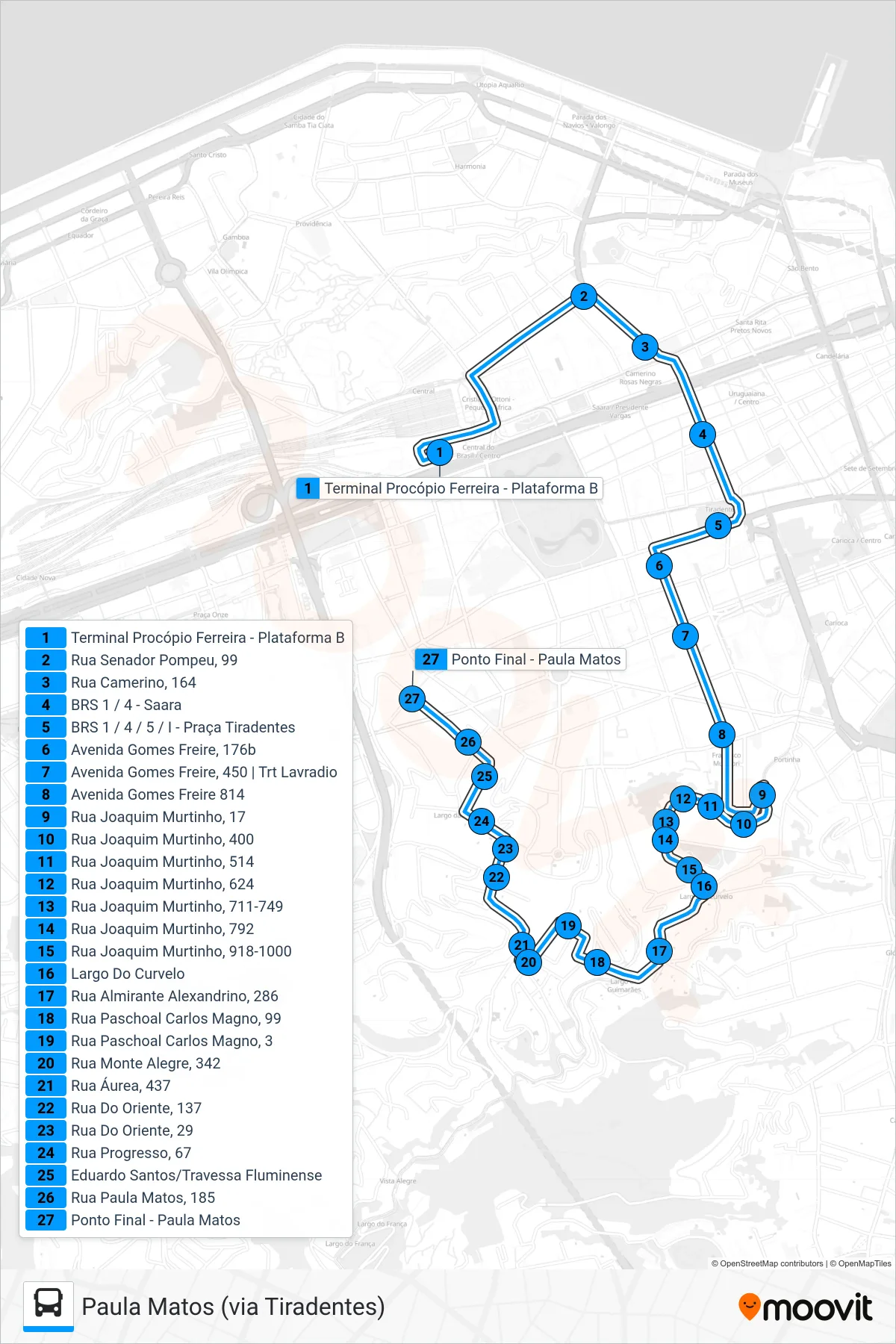 Rota e paradas da linha de ônibus 014 (Paula Matos (via Tiradentes)) no mapa
