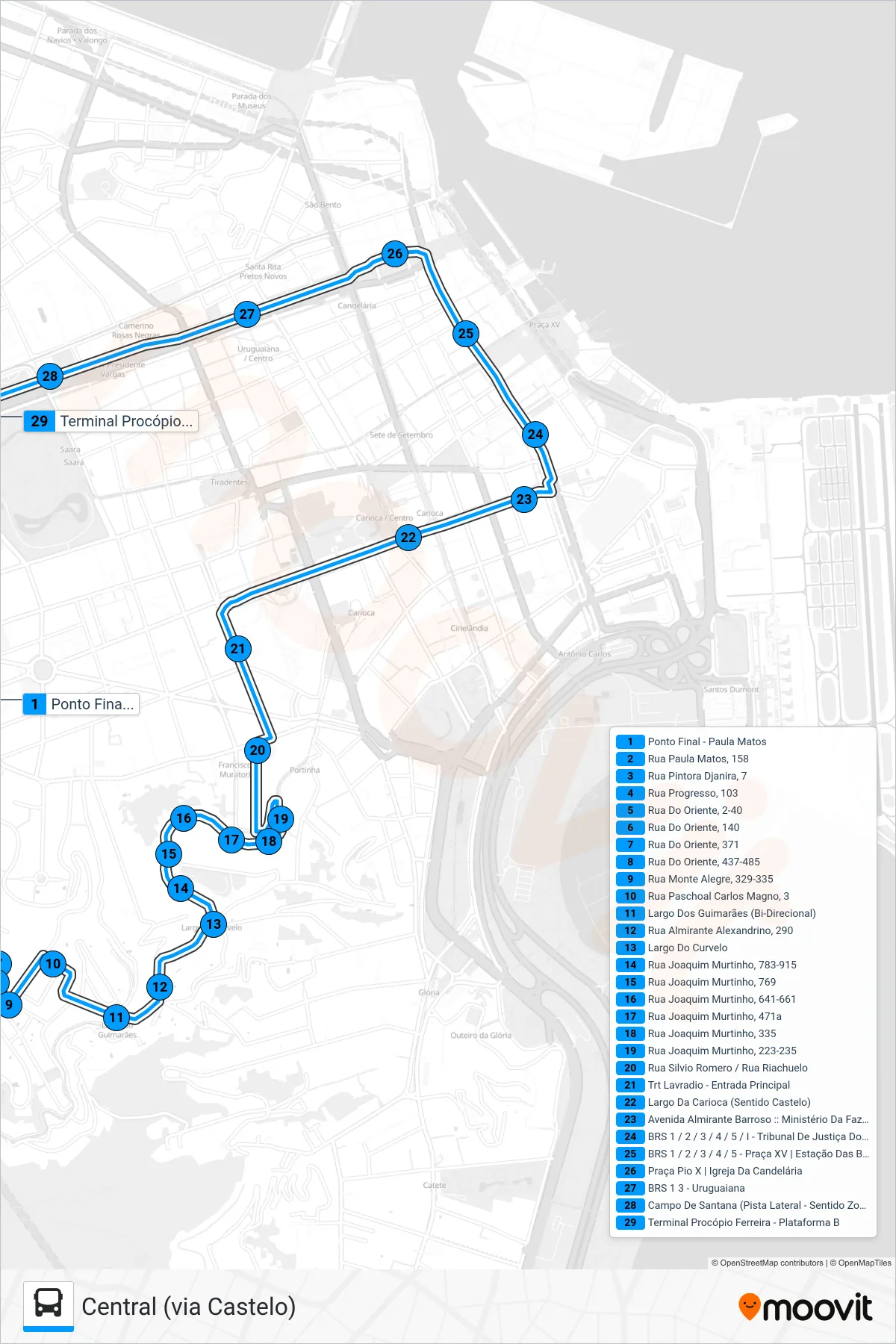 Rota e paradas da linha de ônibus  014  (Central (via Castelo)) no mapa