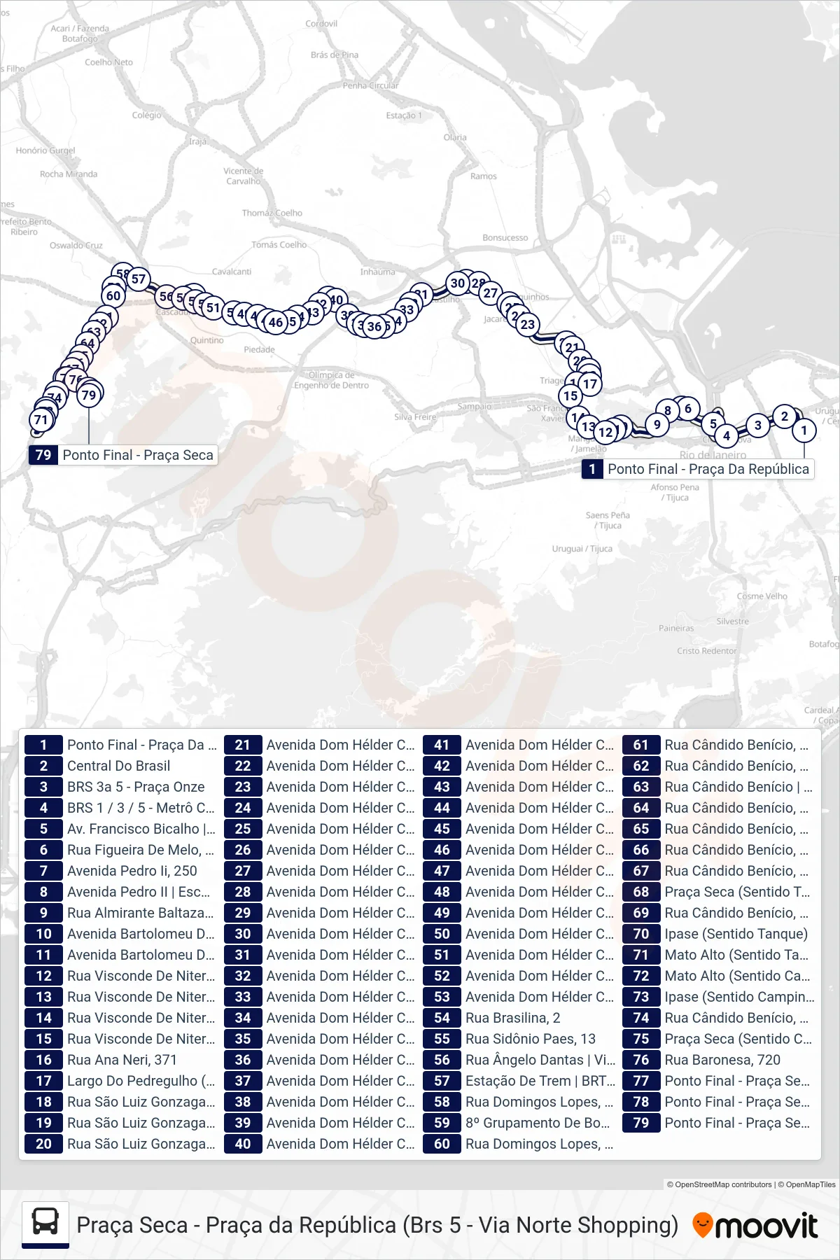 371 bus Line (Praça Seca) route and stops on a map